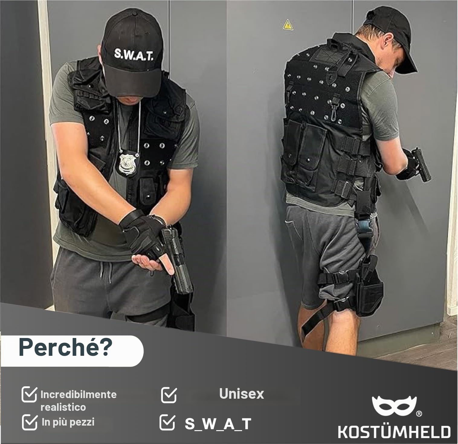 SWAT Costume unisex 6 in 1 per uomo e donna, per Carnevale e Halloween