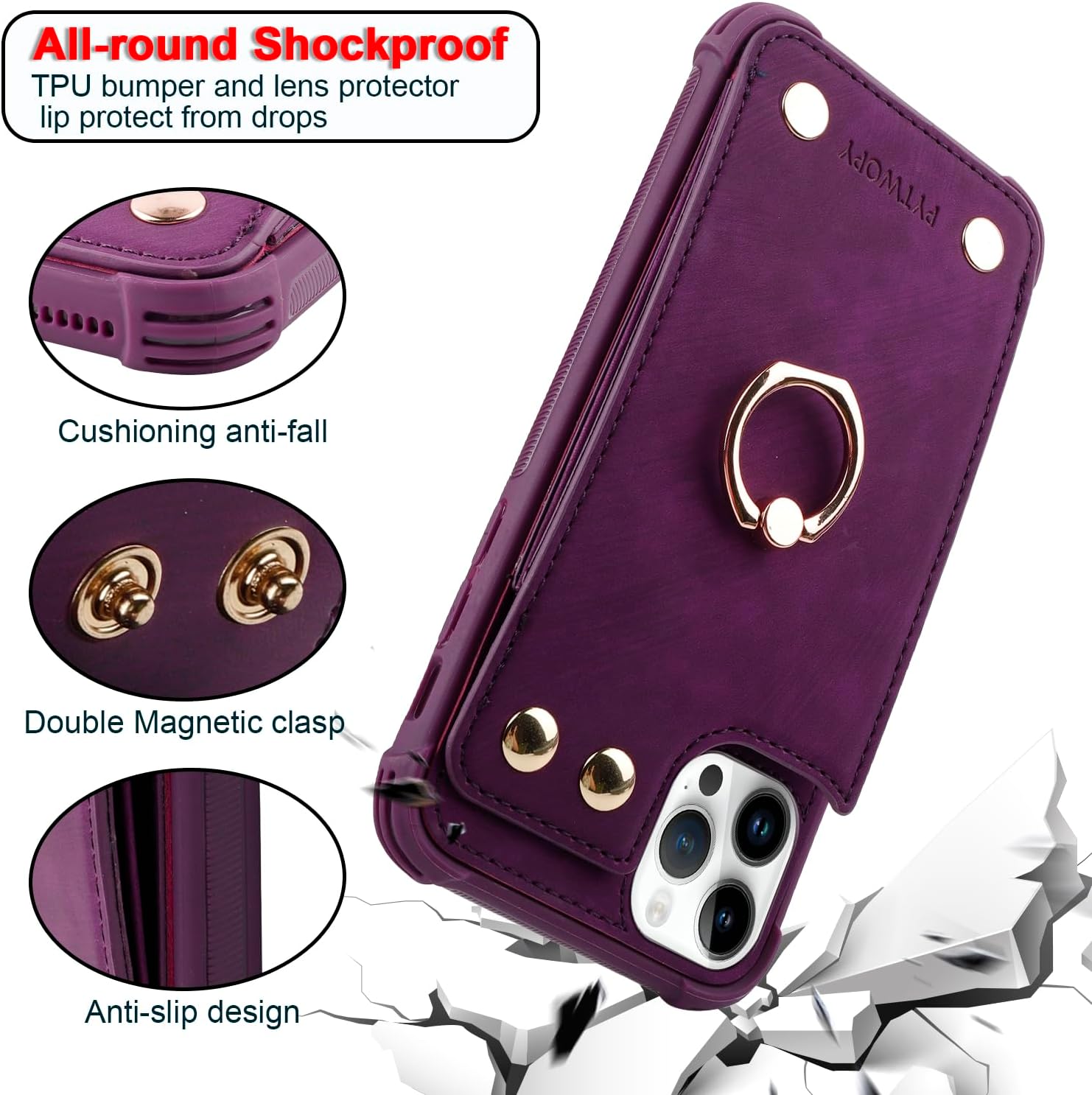 Wallet Case Compatible for iPhone 15 Pro Max with Credit Card Holder,Leather Shockproof Protective Phone Cover 6.7 inch Supports 360°Rotation Ring Stand and RFID Blocking,Dark Purple