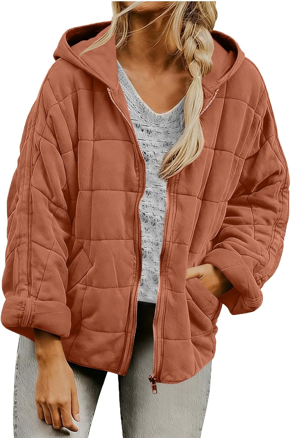 Quilted Jackets for Women Causal Lightweight Stand Collar Long Sleeve Puffer Jacket Zip Up Winter Coats Outerwear