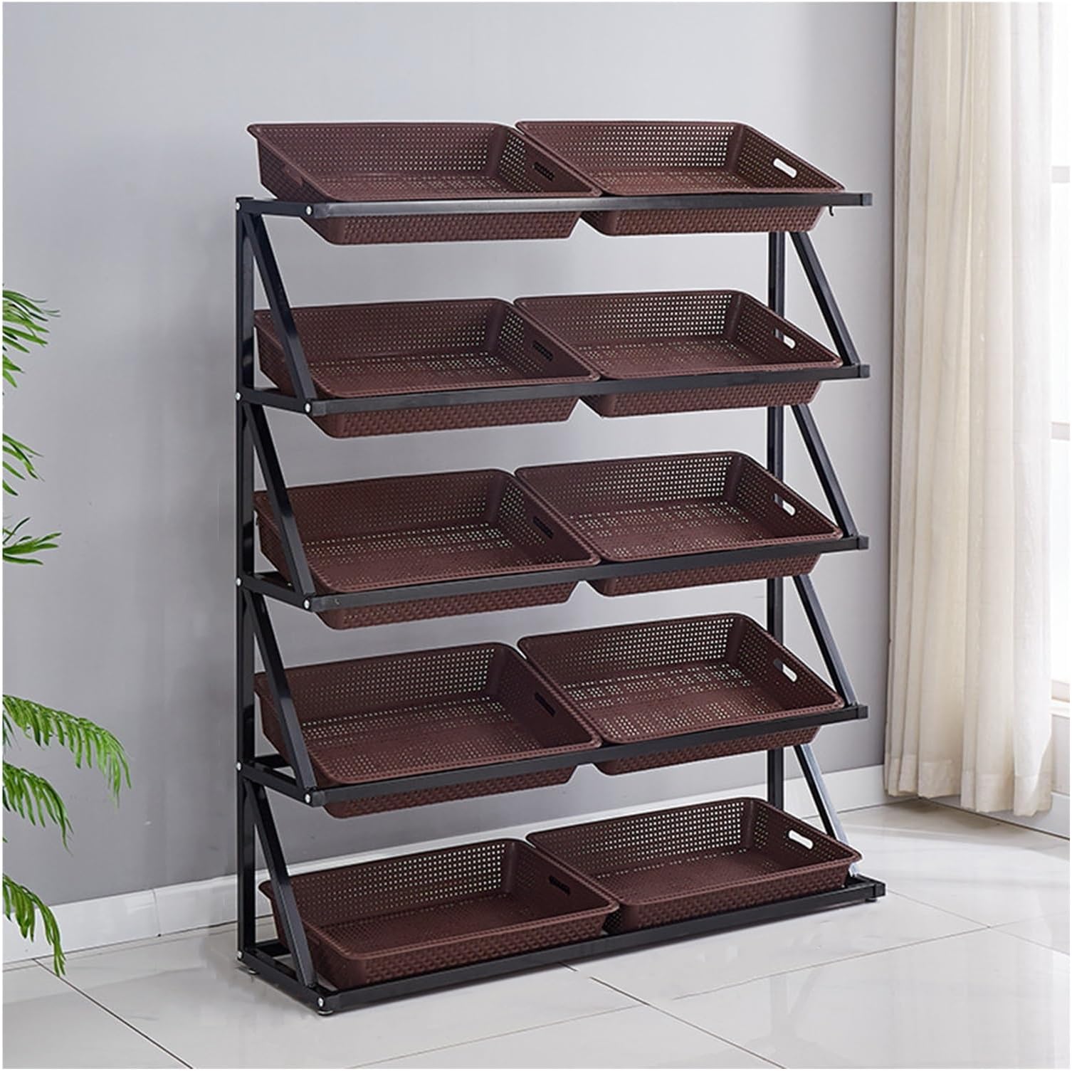 Supermarket Kitchen Green 4 Tier 5 Layer Snack Organizer Basket Shelf, Freestanding Grocery Store Display Rack, Fruit Vegetable Chip Bag Holder (Color : Brown, Size : 120x35x140cm/47.2x13.8x