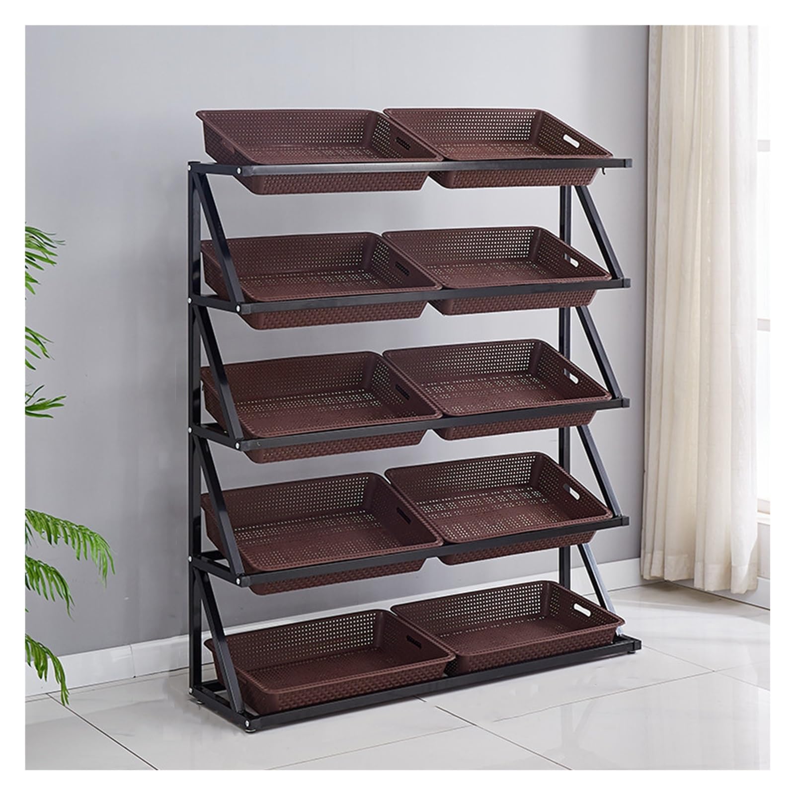 Supermarket Kitchen Green 4 Tier 5 Layer Snack Organizer Basket Shelf, Freestanding Grocery Store Display Rack, Fruit Vegetable Chip Bag Holder (Color : Brown, Size : 120x35x140cm/47.2x13.8x