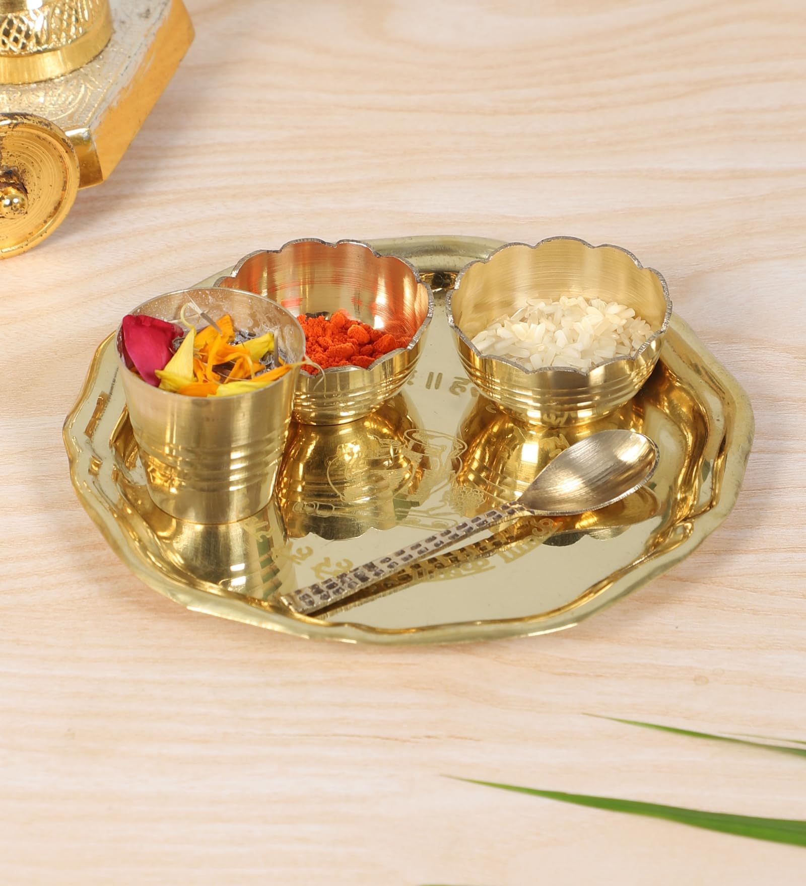 Two Moustaches 5 Inches Brass Pooja Thali Set, Brass Thali Set for Bhog, Set of 1 Thali, 2 Katori, 1 Glass and 1 Spoon, Golden, Gifts for Puja Ceremony, Plate for Pooja - Set of 5 Pieces, Small