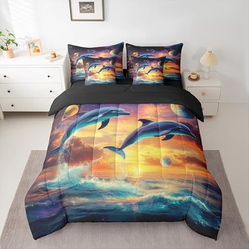 jejeloiu Dolphin Comforter Set Cosmic Sea Bedding Set Queen Size 7 Pieces