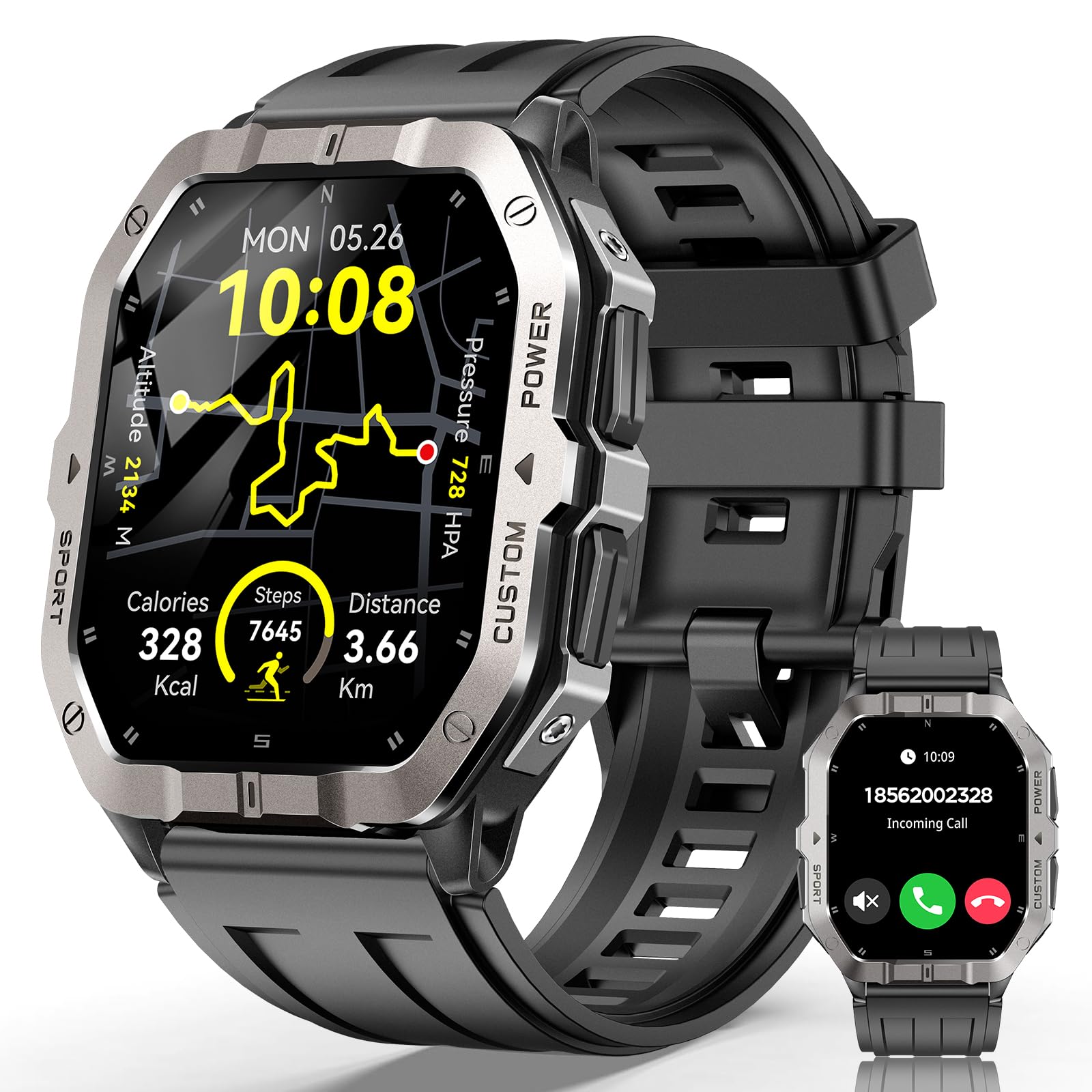 Smart Watches for Men,2.02''Military Smartwatch Fitness Tracker Built-inGPS Black 2.02
