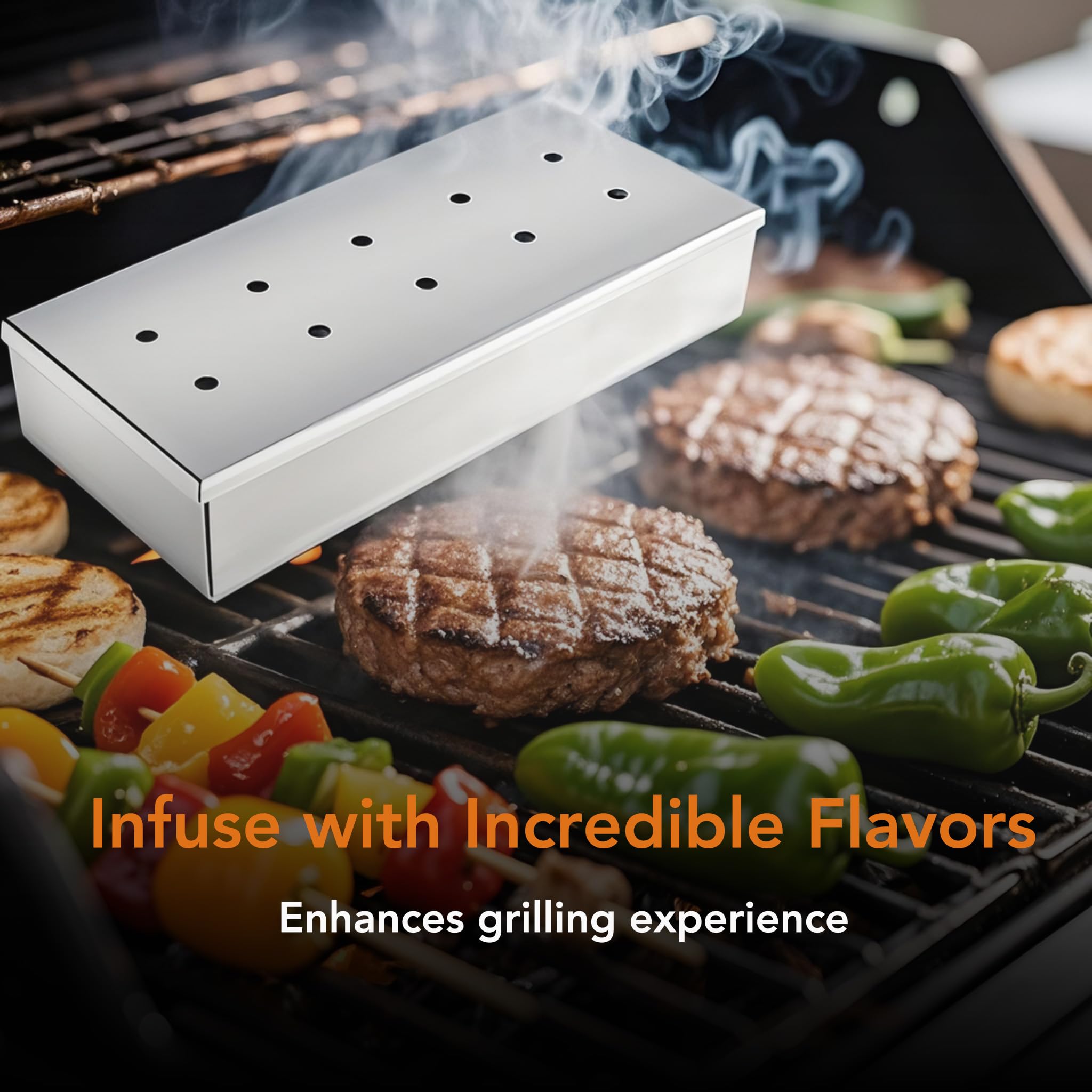 Caja de ahumador de acero inoxidable para parrilla de gas, caja de humo de barbacoa resistente con tapa con bisagras, sabor ahumado mejorado para pollo, carne de res, cerdo 2