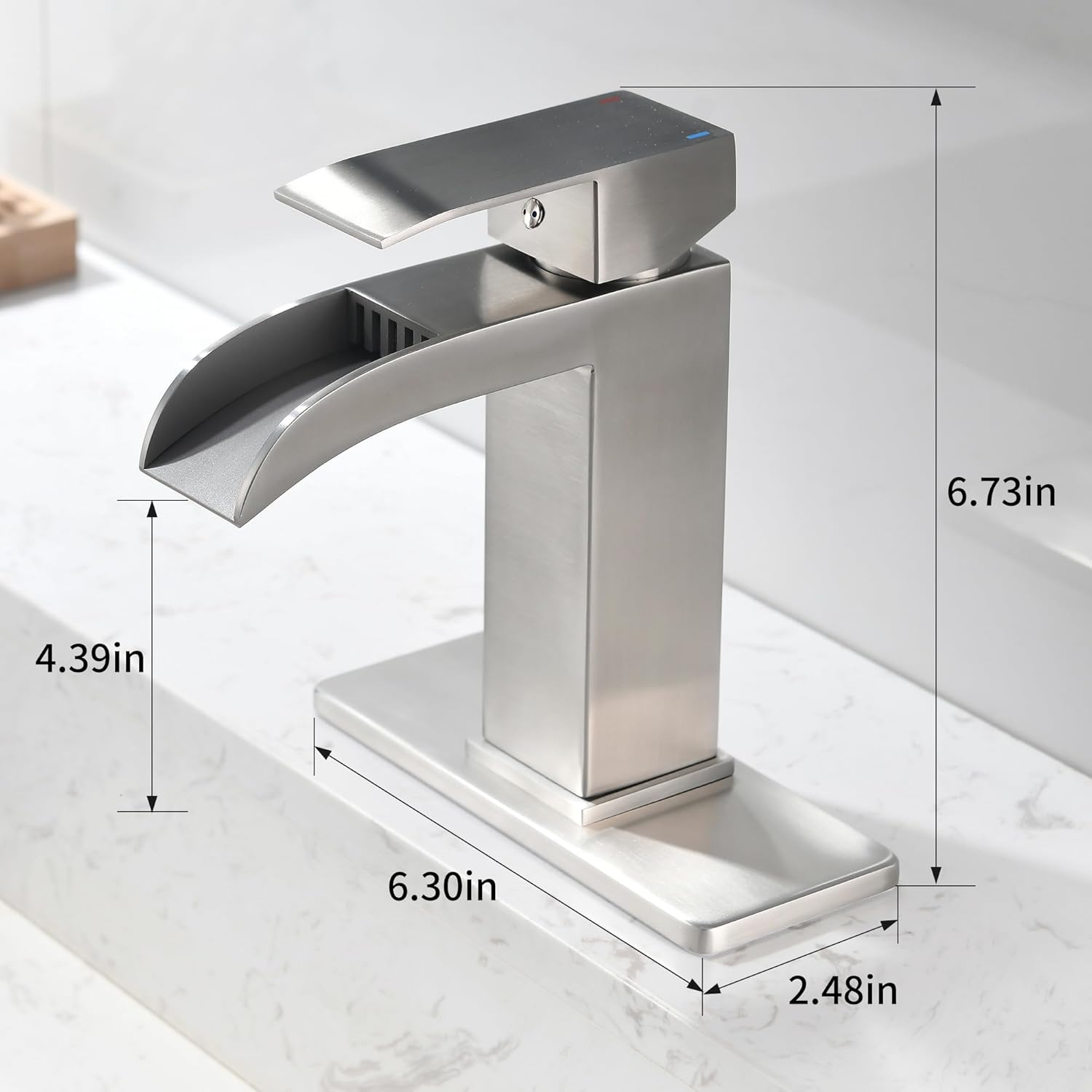 Brushed Nickel Waterfall Bathroom Faucet - Single Handle Sink Faucets Bathroom 1 Hole or 3 Hole for 4In | Modern Solid Brass Vanity Faucet with Deck Plate & Overflow Pop Up Drain