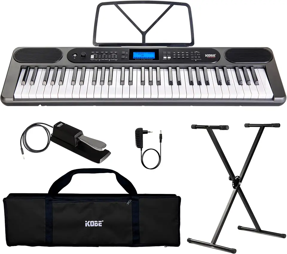 Kit Teclado Musical Kobe Kb-400 5/8 61 Teclas Com Sensibilidade Conexão Midi Usb Entrada P/Pedal Sustain 500 Timbres - Completo