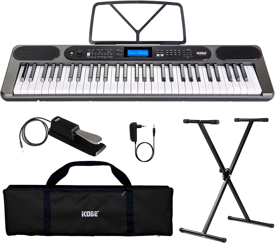 Kit Teclado Musical Kobe Kb-400 5/8 61 Teclas Com Sensibilidade Conexão Midi Usb Entrada P/Pedal Sustain 500 Timbres - Completo