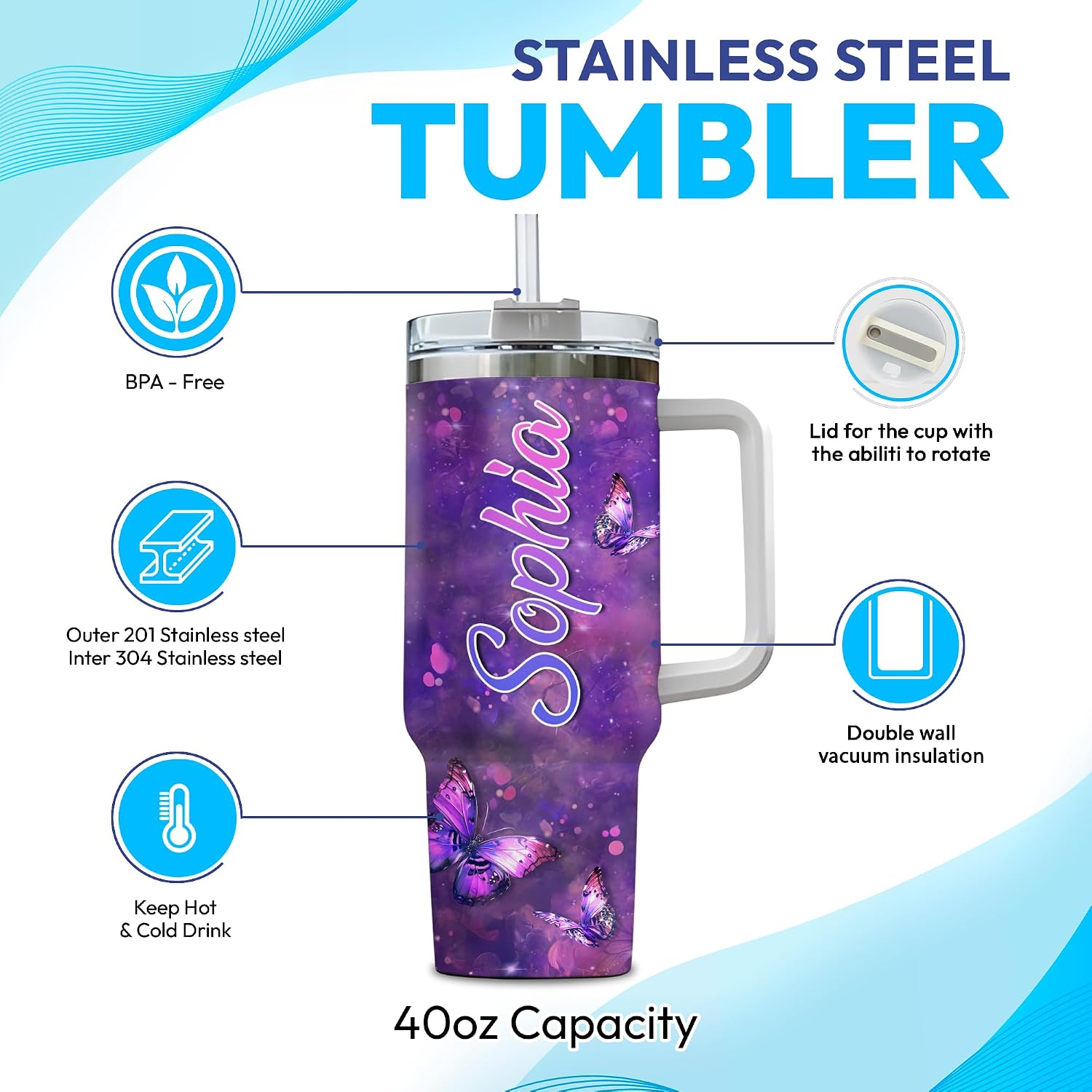 Hyturtle Personalized Purple Butterfly Tumbler - Butterfly Gifts For Women Adults - Gifts For Bird Lovers Girls - Bird Presents On Mothers Day - Custom Name Travel Coffee Cup 40 Oz With Lid And Straw