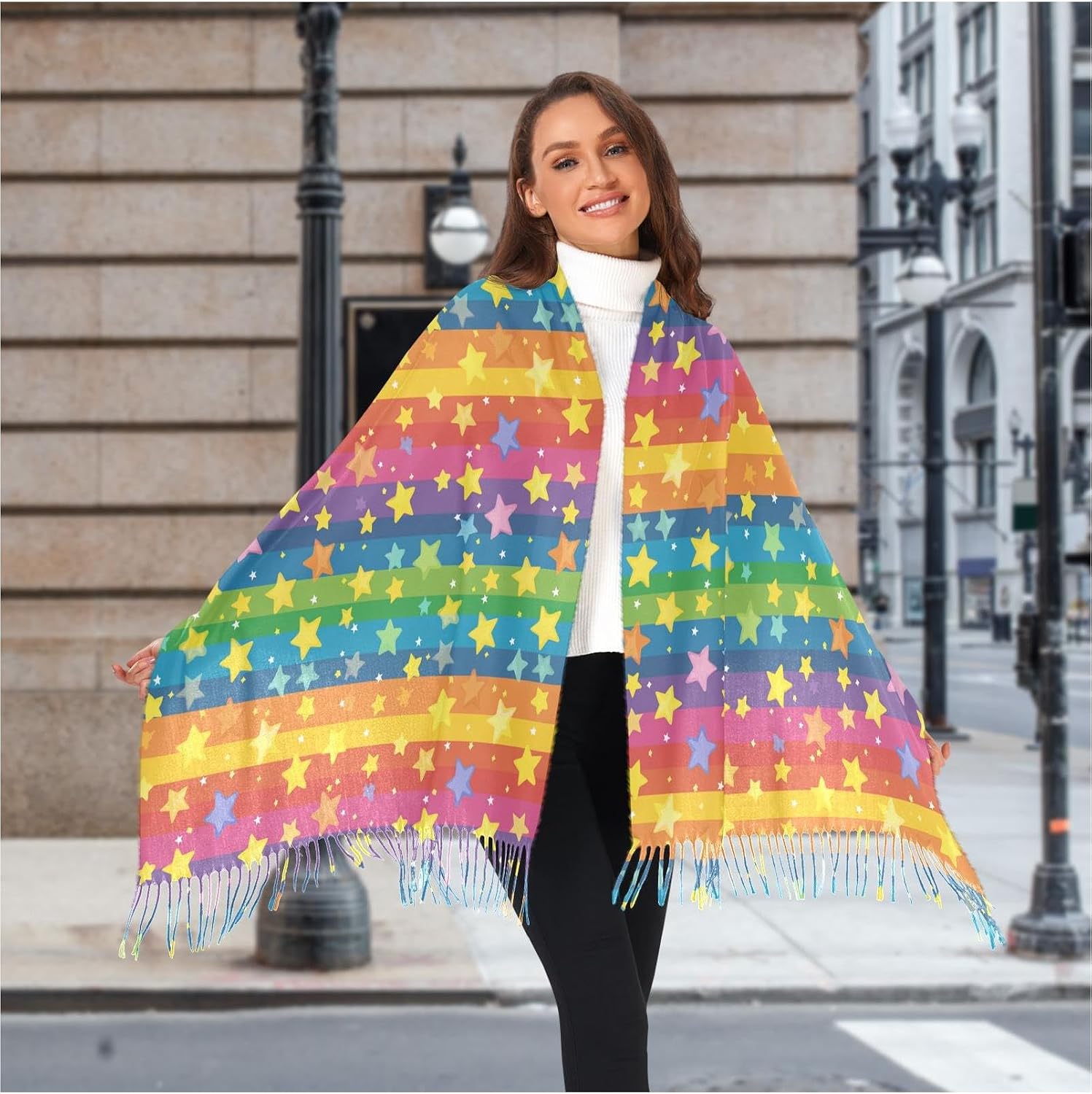 Winter Scarf for Women Rainbow Star Colorful Fashion Tassel Shawl Wraps for Women, Cold Weather Warm Womens Scarves Soft Long Scarf Gifts