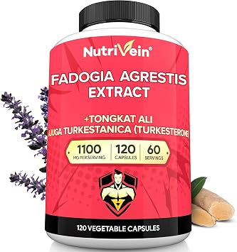 Nutrivein Premium Fadogia Agrestis and Tongkat Ali Supplement with Turkesterone - 1100 mg - 120 Caps - Synergistic Blend for Performance, Strength, Recovery for Men & Women of All Ages