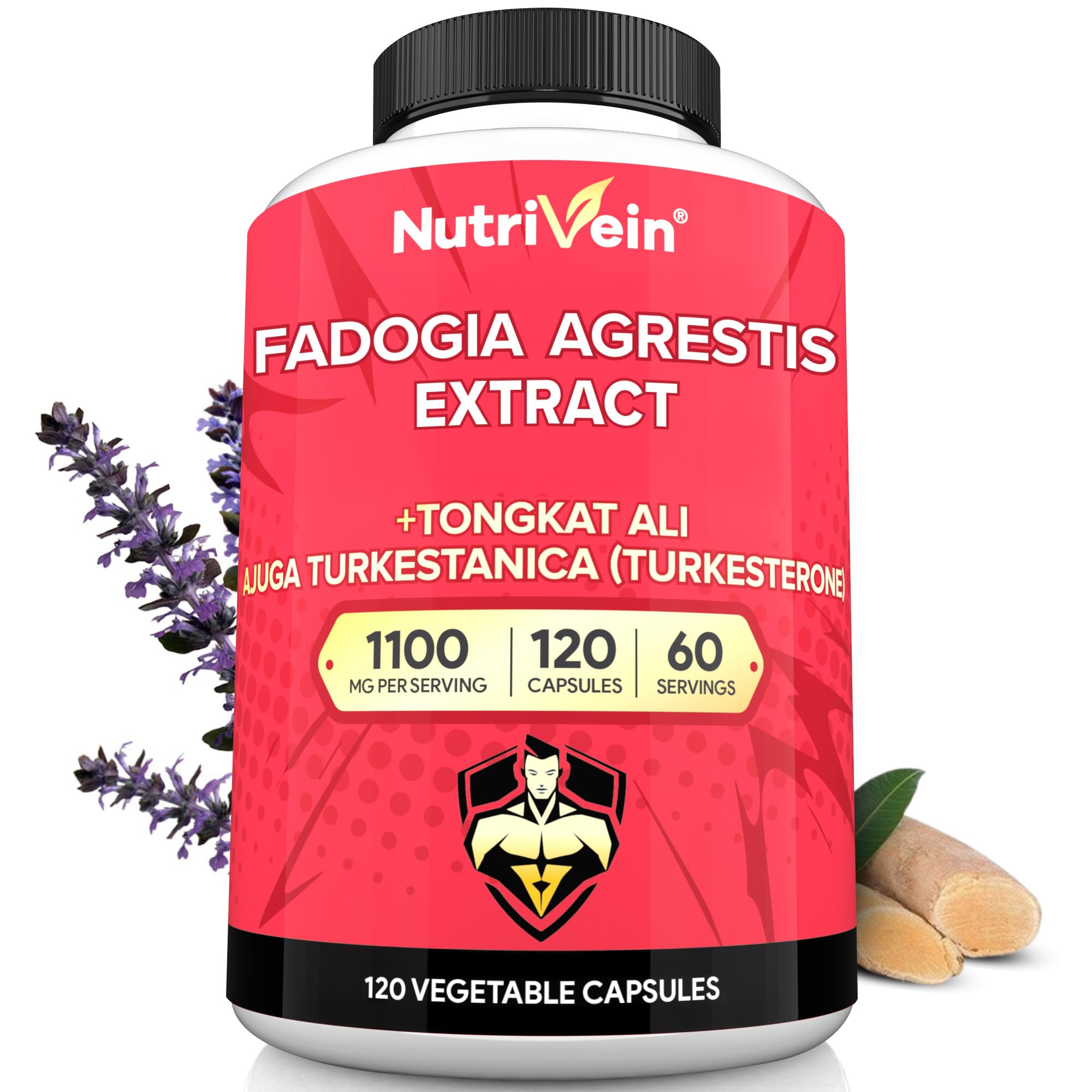 Nutrivein Premium Fadogia Agrestis and Tongkat Ali Supplement with Turkesterone - 1100 mg - 120 Caps - Synergistic Blend for Performance, Strength, & Recovery for Men & Women of All Ages