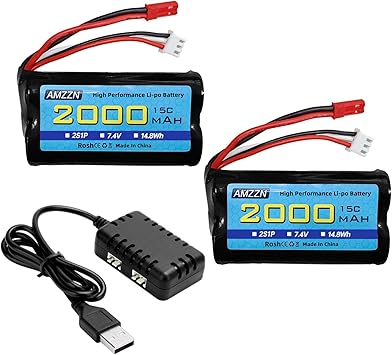 7.4V 2000mAh 15C 2S JST-2P Plug Lipo Battery with 2-in-1 Charger for UDIRC UD1601 UD1602 UD1604 SG1603 RC Cars,RC Drone Huina Engineering Vehicle Backup Battery 2PCS Battery+2-in-1 Charger
