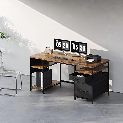 Miniatura 2 de Maihail Home Office Desk with Drawers Adjustable Shelves, 59 inch Writing Desk with File Cabinet, Large Computer Desk with Storage, Rustic Brown