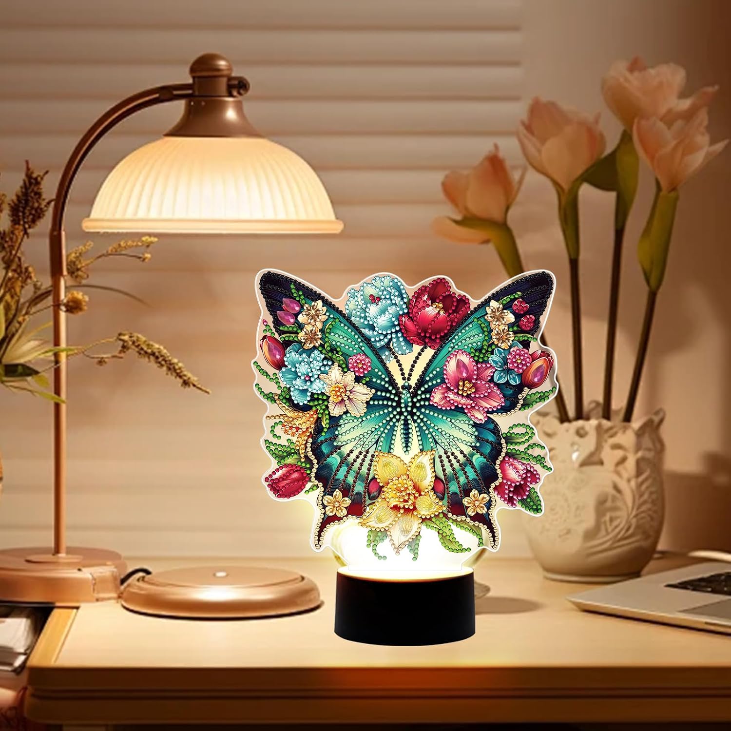 BAYUNOE Diamond Desk Lamp with 7 Colors Diamond Art Painting Night Light Creative Mosaic Making Kits Desktop Home Decoration Ornaments Double Sided Pattern Single Sided Spot Drill-Butterfly02 image 3