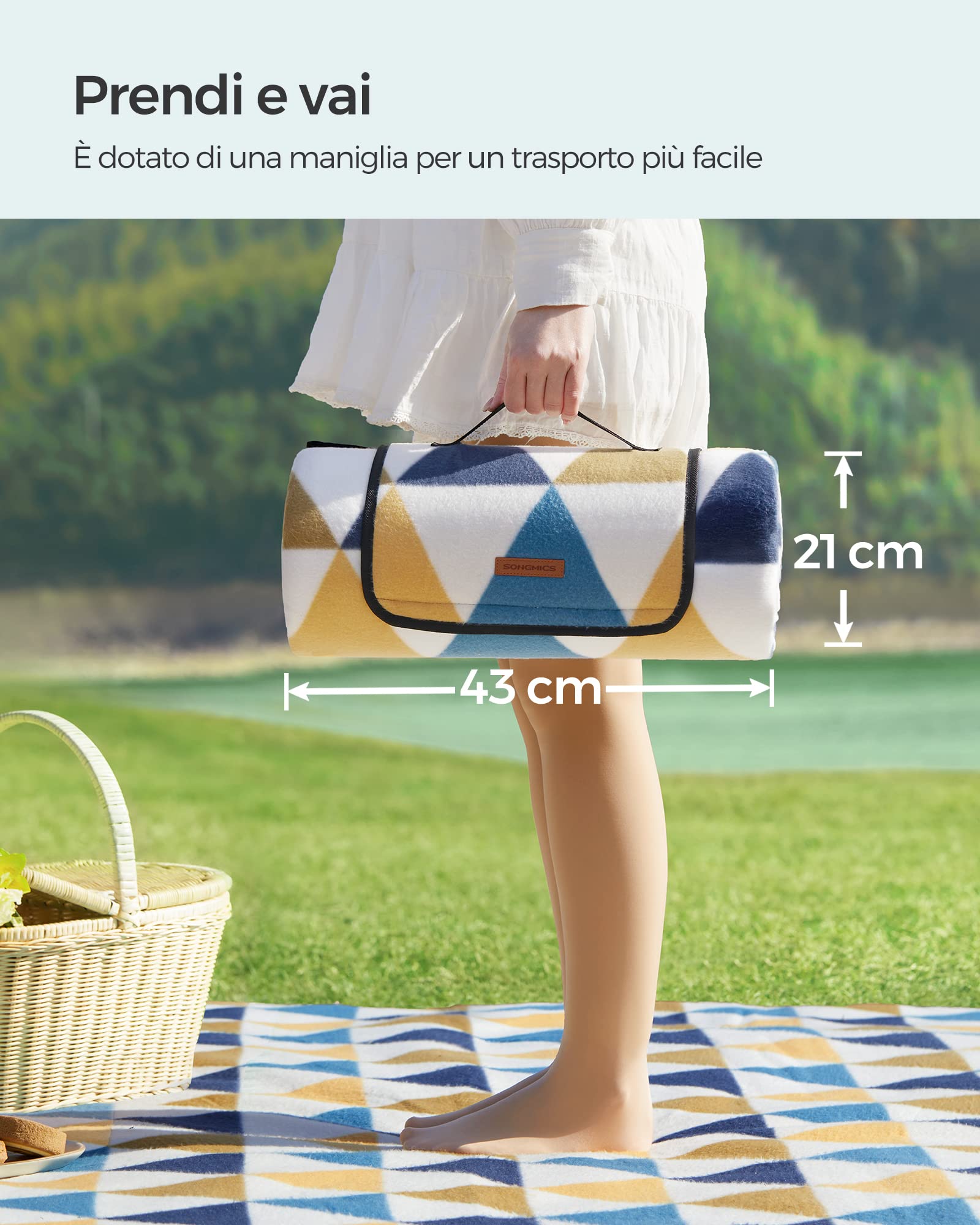 SONGMICS Coperta Picnic, 300 x 200 cm, Grande Telo da Campeggio, Parco, Giardino, Esterno, Spiaggia, Strato Impermeabile, Pieghevole, Motivo Triangolare Giallo e Blu GCM073Q01