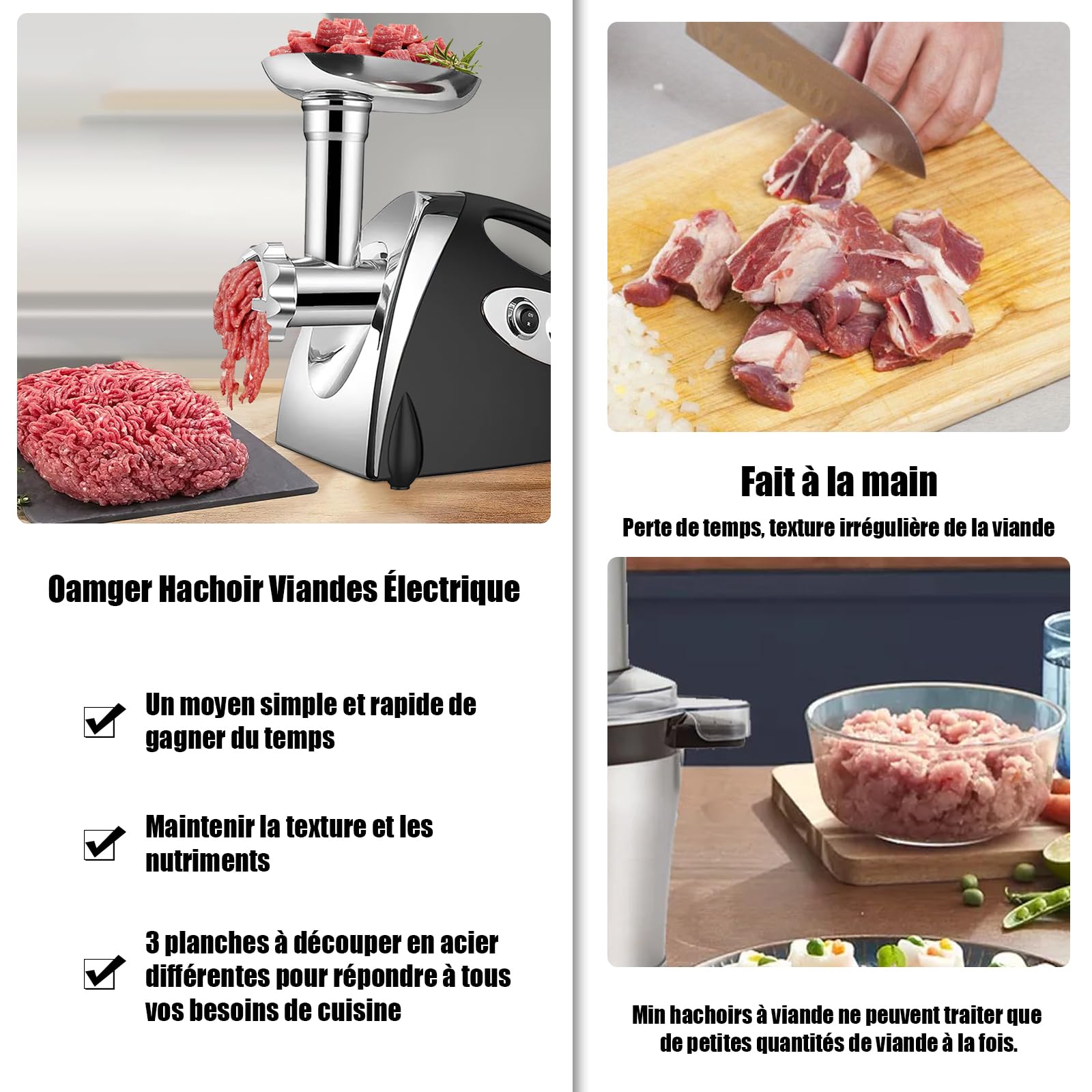 Picadora eléctrica carne, 2800 W, 3 en 1 de acero inoxidable, 3 placas de molienda, Kubbe, picadora para verduras y salchichas
