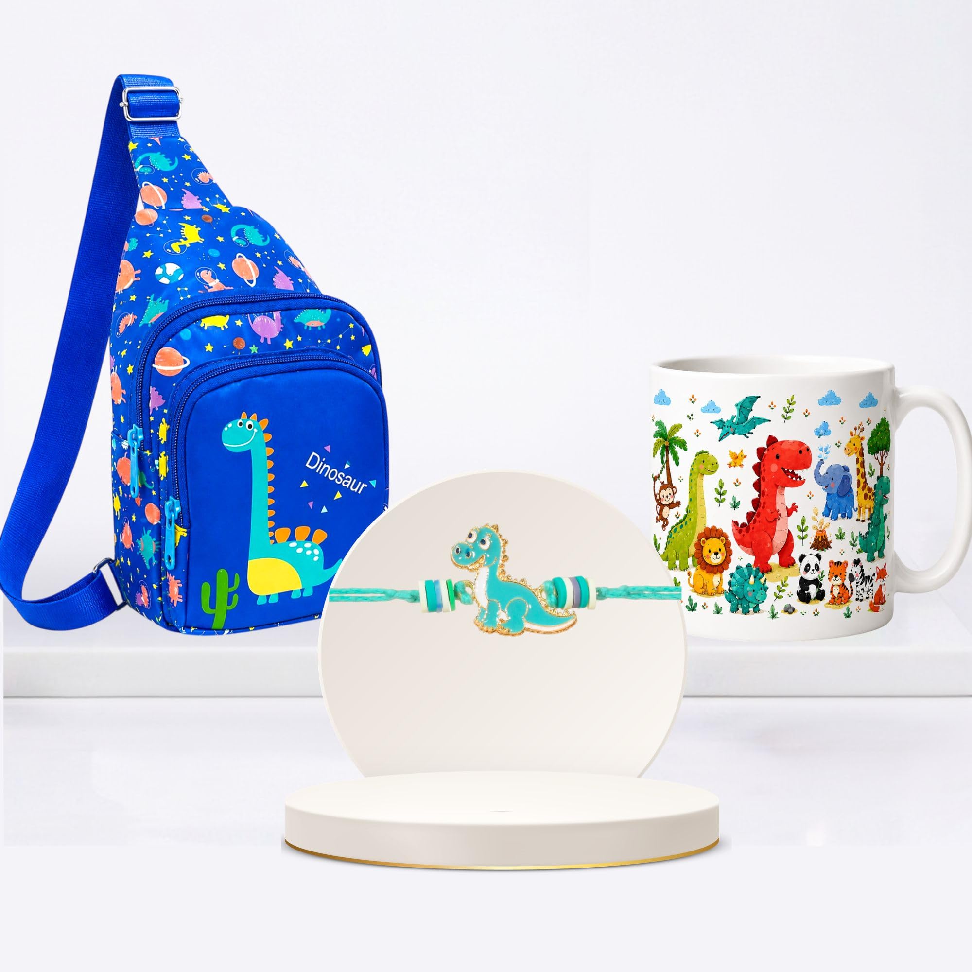 Kizzi Kids Rakhi Gift Hamper for Brother | Dino Rakhi with Mug & Sling Bag for Boys | Rakhi Combo Set for Kids | Raksha Bandhan Gift | with Greeting Card & & Tilak Set - MG-AN-BG1-F21-image-30