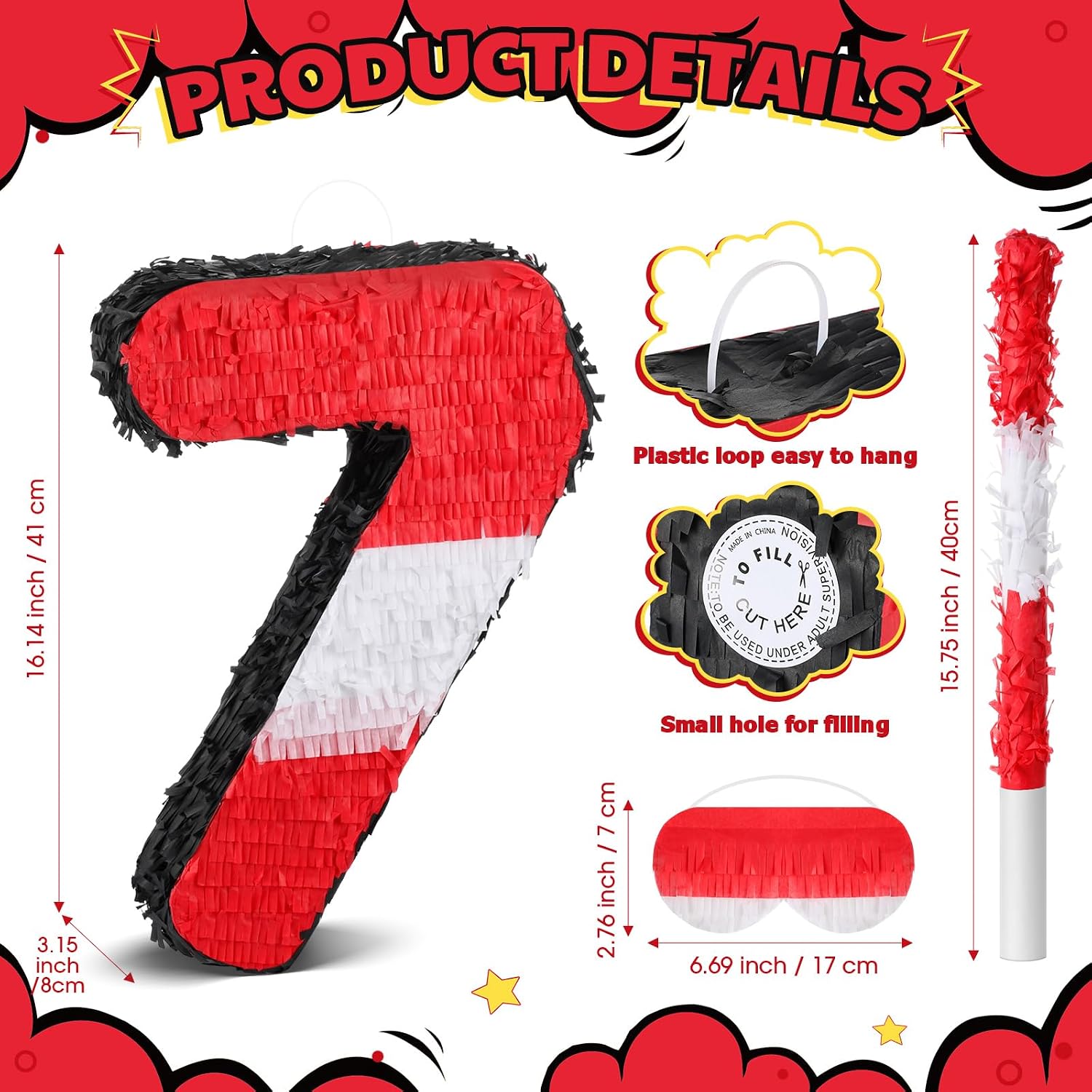 16 Inch Number 7 Piñata Red and White 7th Birthday Piñata with Stick Blindfold Confetti for Boys Girls Kids Birthday Game Themed Decorations Game Anniversary Celebration Supplies