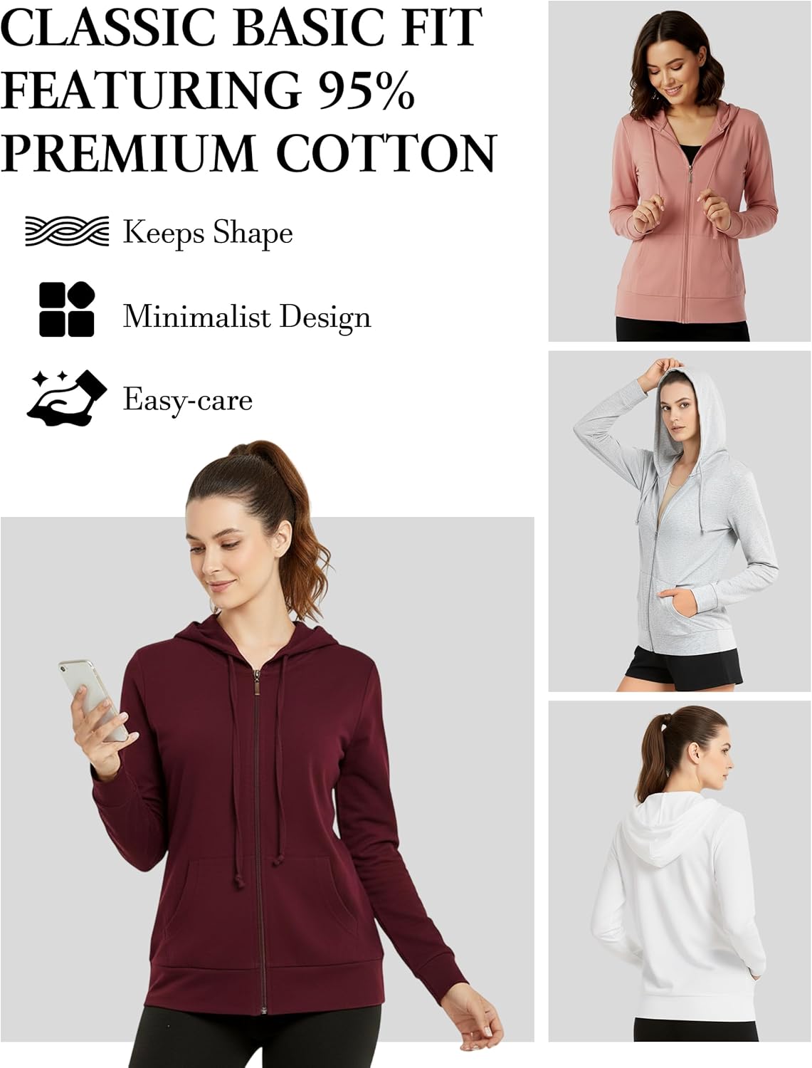 Cotton Hoodies for Women with Pockets,S-3XL Full Zip Long Sleeve Basics Jacket Sweatshirt Coat Regular & Plus Size - Image 6