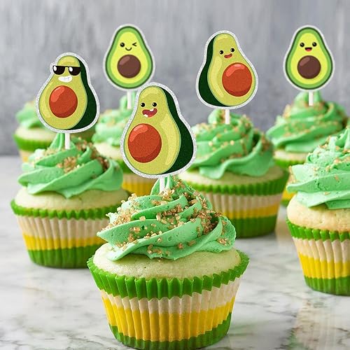 Miniatura 4 de GWING 18 piezas de aguacate con sonrisa para cupcakes, letrero de fruta de guacamole para fiesta, decoración de fiesta temática de verano, para baby