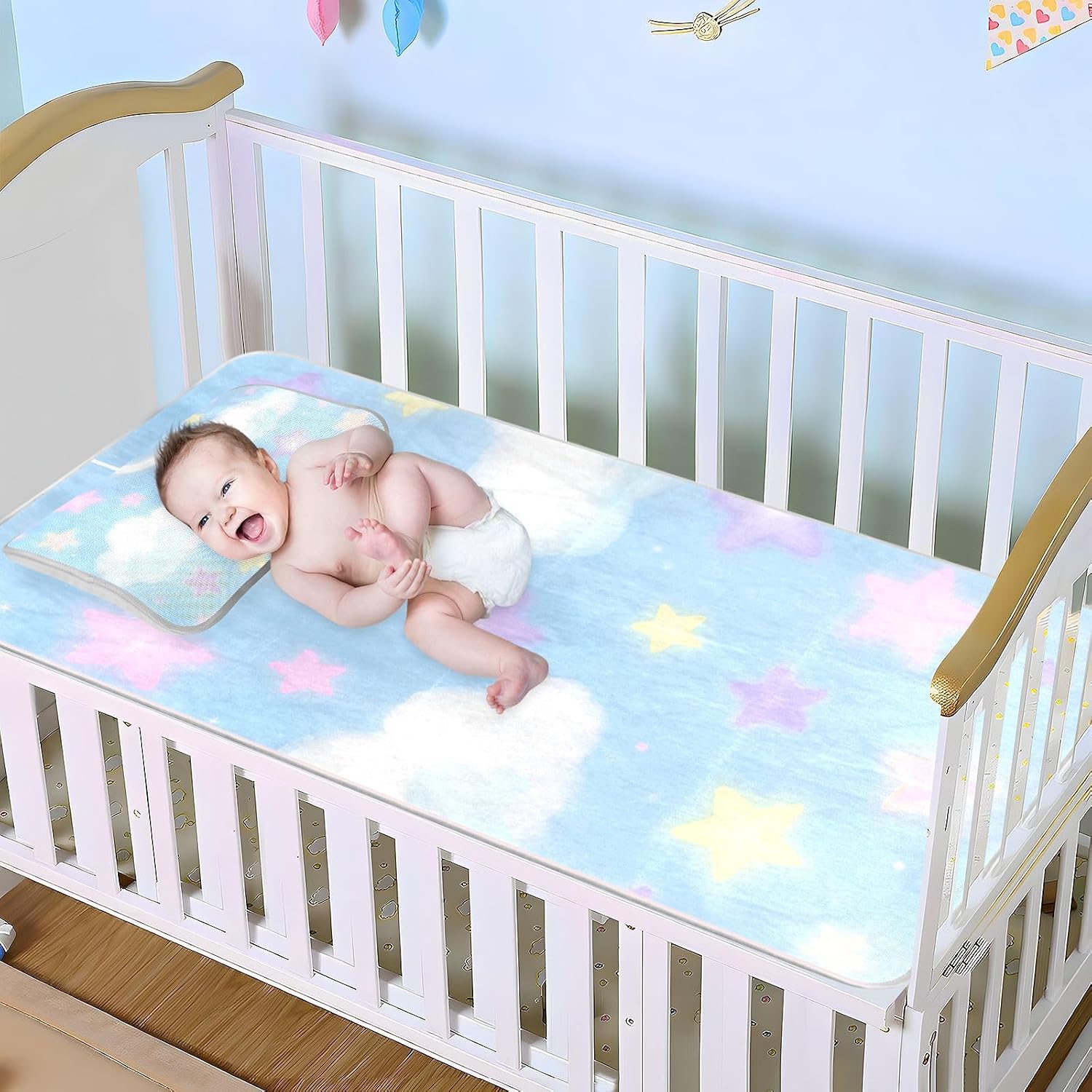 Stars and Moon Pastel Color Cooling Baby Mattress pad Cover 28" x 52" Ultra Soft Mattress Protector Pads for Baby&Toddler