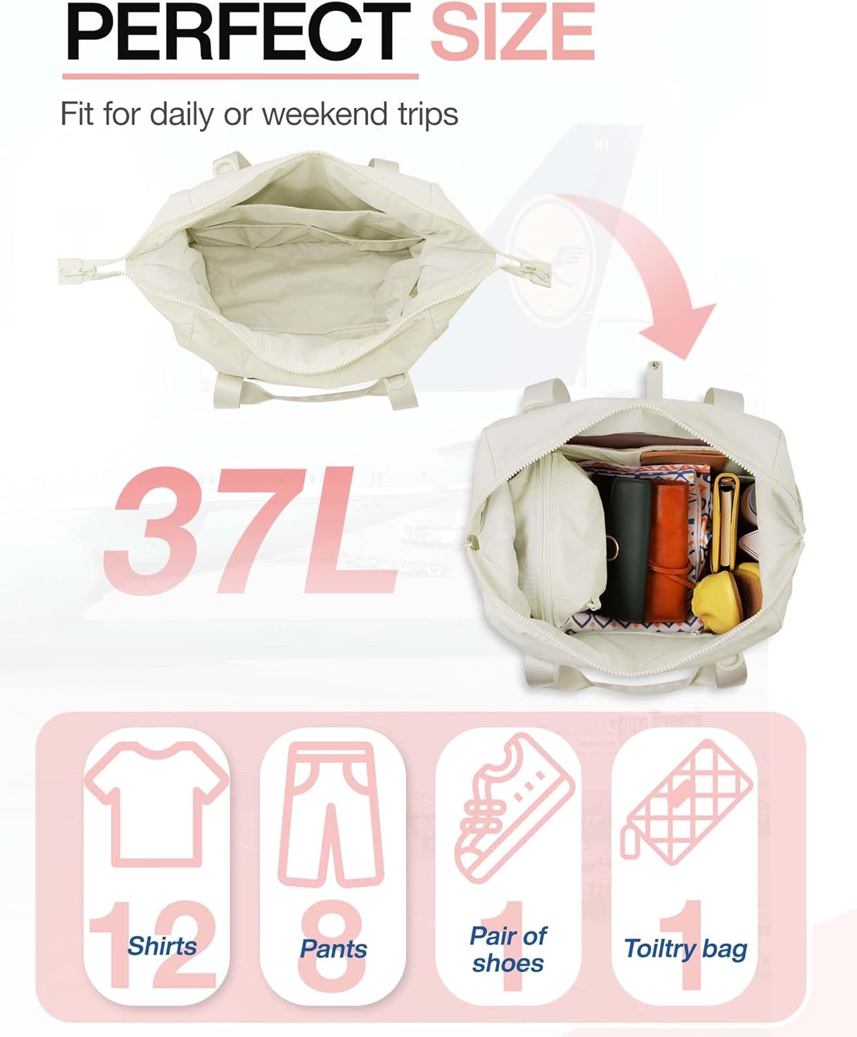 Weekender Bags for Women, BAGSMART Travel Duffel Bags with Shoe Compartment,Personal Item Travel Bag for Airlines, Carry on Overnight Tote Bag with Toiletry Bag (Light Beige,2pcs) - Image 5