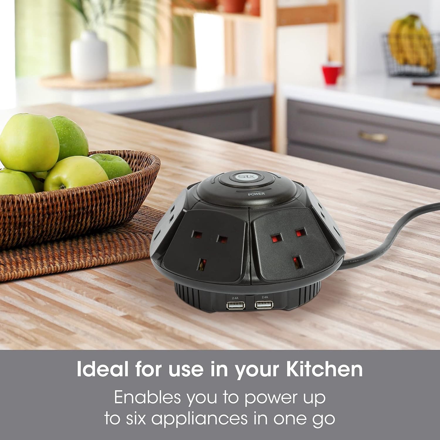 SLx Extension Lead with USB Slots, 1m, Multi USB Plug, Surge Protected, 6 x UK Plug Sockets, 2 x USB Sockets - Image 5