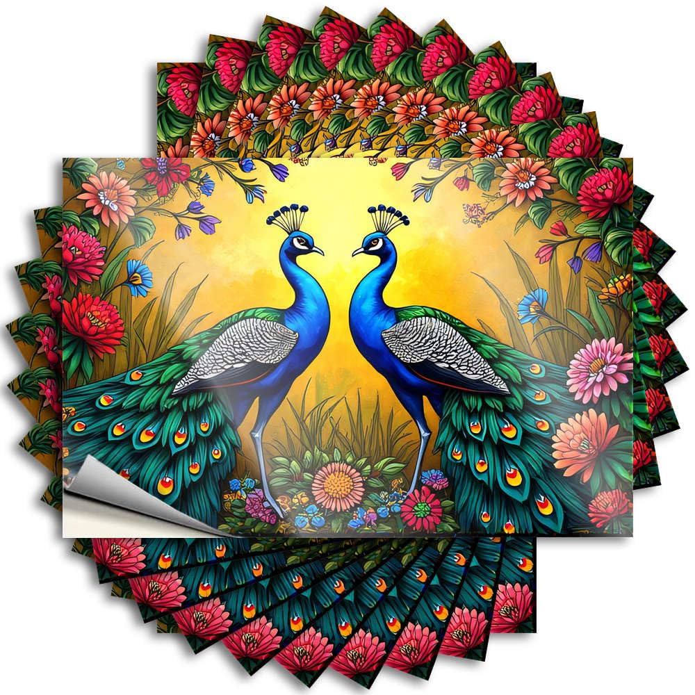 Decals Rubber | Encouraging Bumper Two Peacocks with Vibrant Plumage Stand Amidst A Colorful Floral Garden for Billiards(12X18CM)