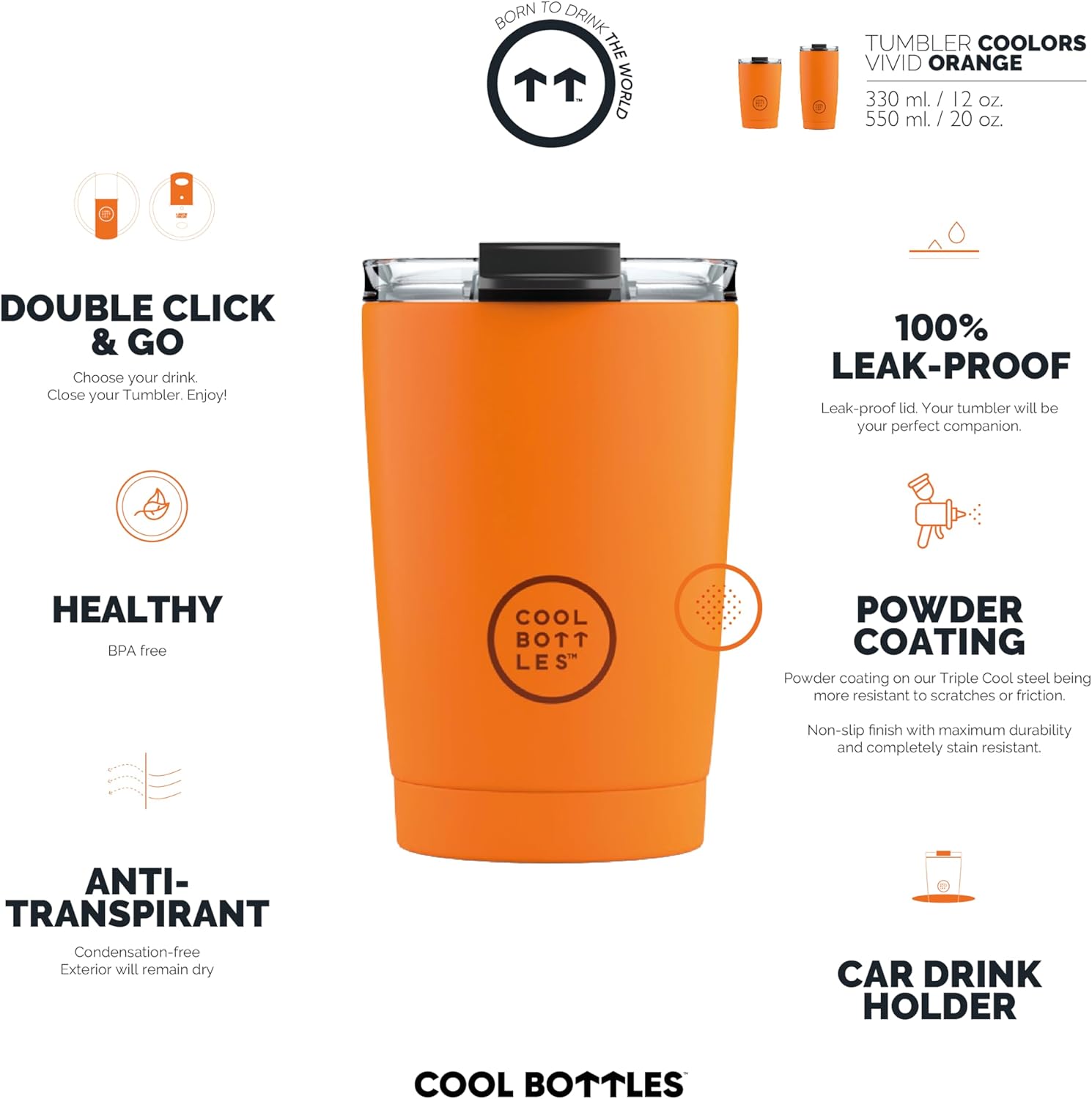 Tumbler - Stainless Steel Thermal Tumbler - 330ml - Vivid Orange - Coffee Mug - Height 14cm - Cold 10 hours and Hot Drinks 5 hours - Airtight Lid - BPA Free