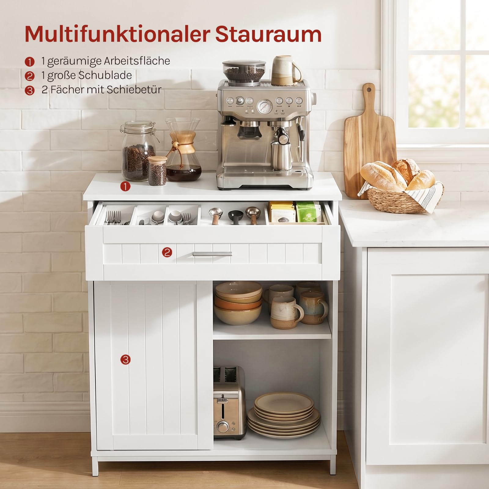 WOLTU Sideboard, Küchenschrank mit Arbeitsplatte, Aufbewahrungsschrank mit Schiebetür Schublade und verstellbare Ablage, für Küche Wohnzimmer Esszimmer, 70x80,2x30 cm, Weiß