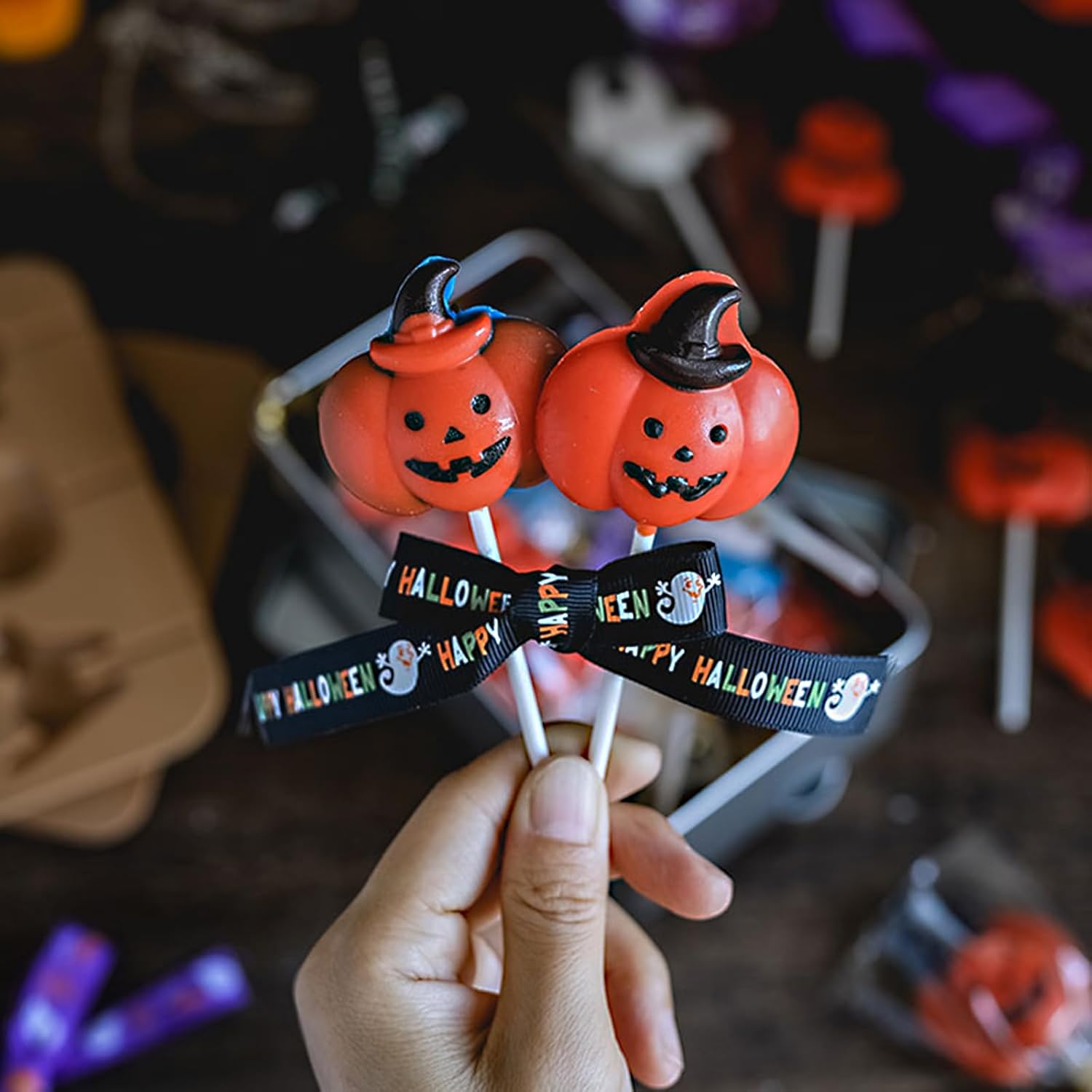 Halloween Lollipop Molds Silicone 2 Pack Halloween Cake Pop Molds Pumpkin Ghost Cat Which Hat Shape Chocolate Molds for Cake Cupcake Decorations