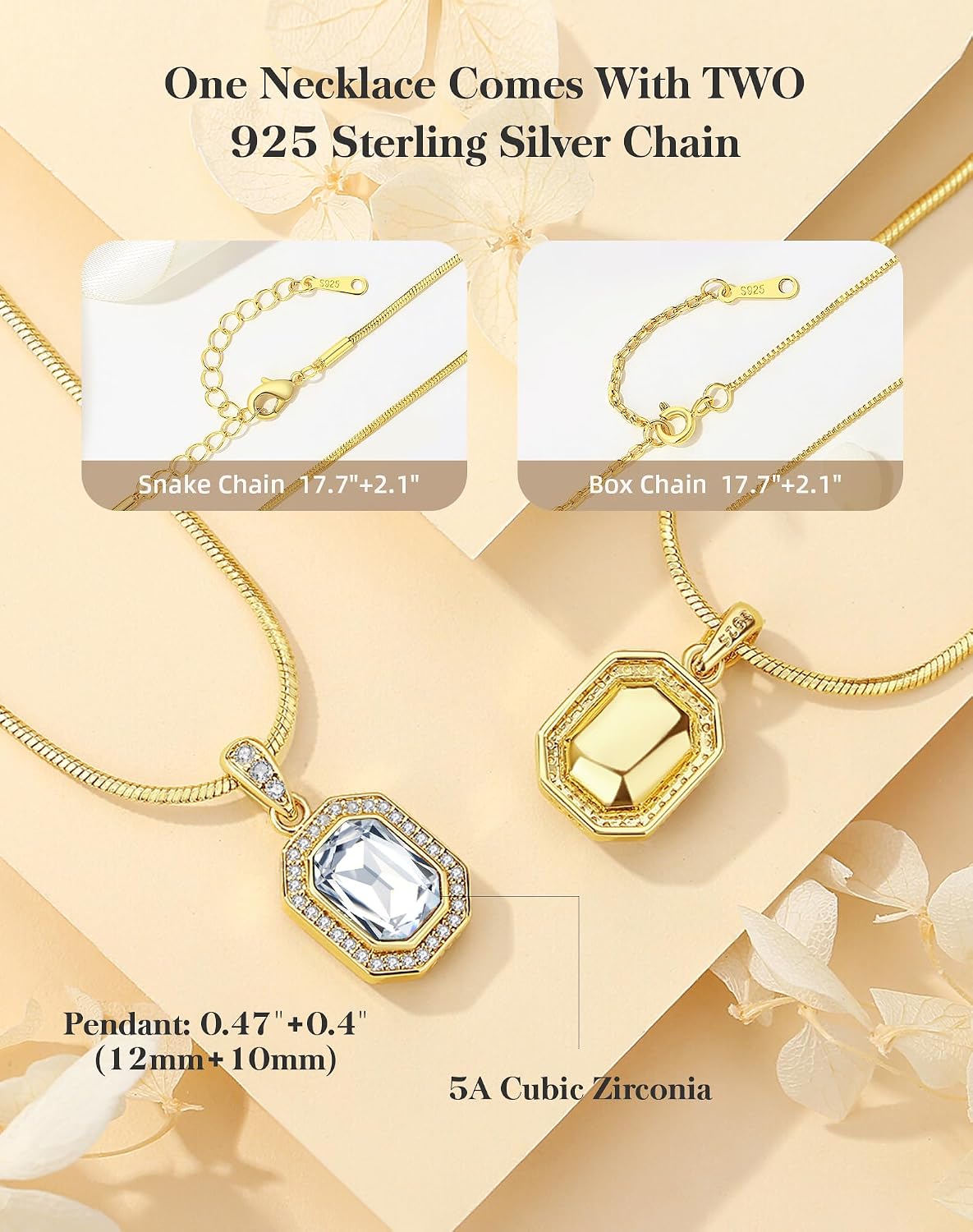 Valentine's Day Gifts for Her 14K Plated Gold Necklace for Women Square Crystal Necklace with Snake Chain Gold Jewelry for Womens Birthday Gifts for Wife Birthstone Necklaces for Wife Jewelry for Girlfriend Gift for Anniversary Wedding Valentines Mother's Day