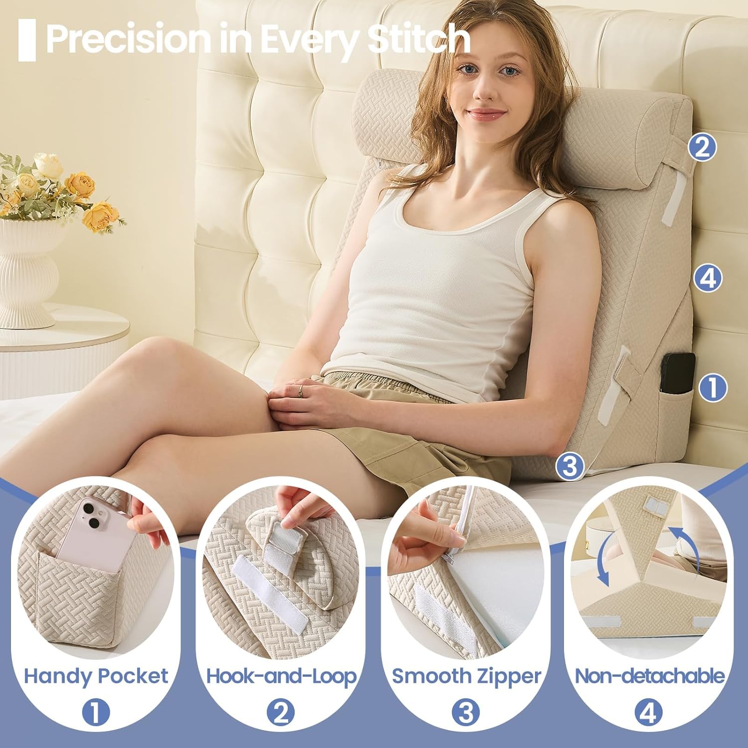 Sasttie Wedge Pillow Set for After Surgery, 2PCS Adjustable Bed Wedge Pillow Headboard with Memory Foam Neck Cushion – for Acid Reflux, Sleeping, Neck & Back Support, Beige