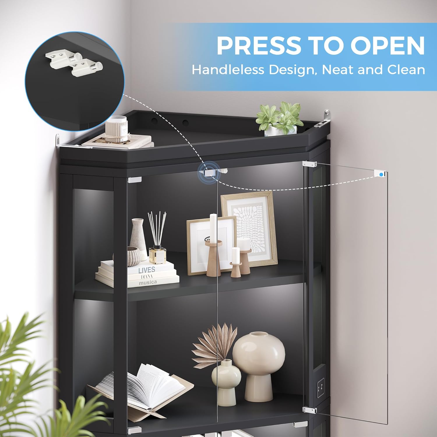 Close-up of the push-to-open mechanism on the glass door of the Jocoevol C-1665 cabinet