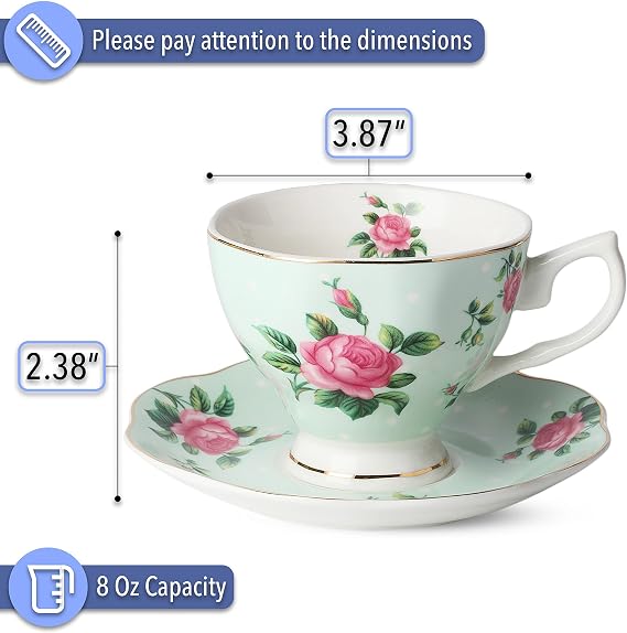 BTaT- Floral Tea Cups and Saucers, Set of 8, 8 oz