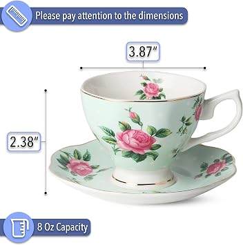 BTaT- Floral Tea Cups and Saucers, Set of 8, 8 oz