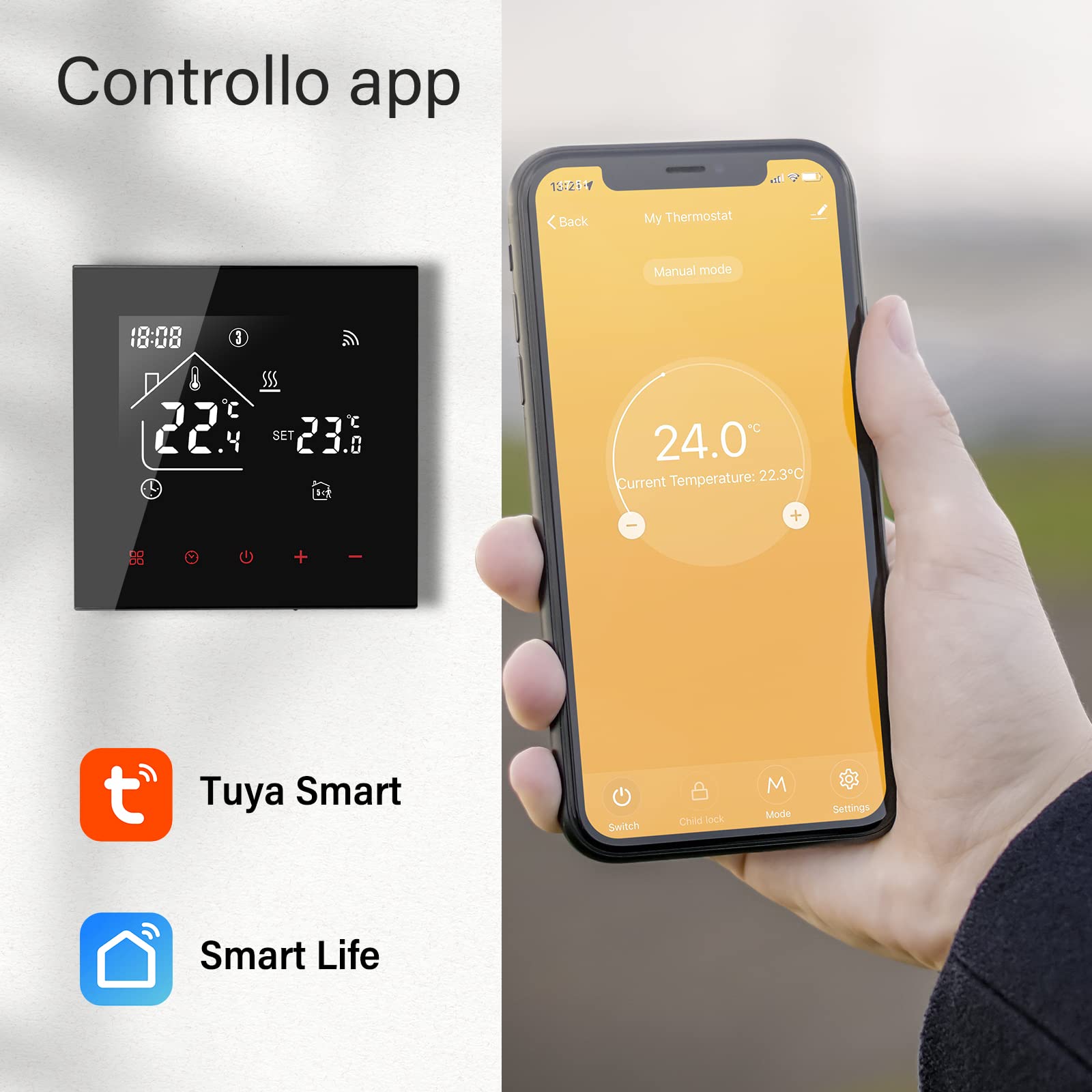 Beok Termostato Wifi Smart Ambiente per Riscaldamento Elettrico Settimanale Programmabile Senza Fili Con Sensore Esterno, Display LCD, Compatibile Alexa 16A TDR89B-WIFI-EP Nero