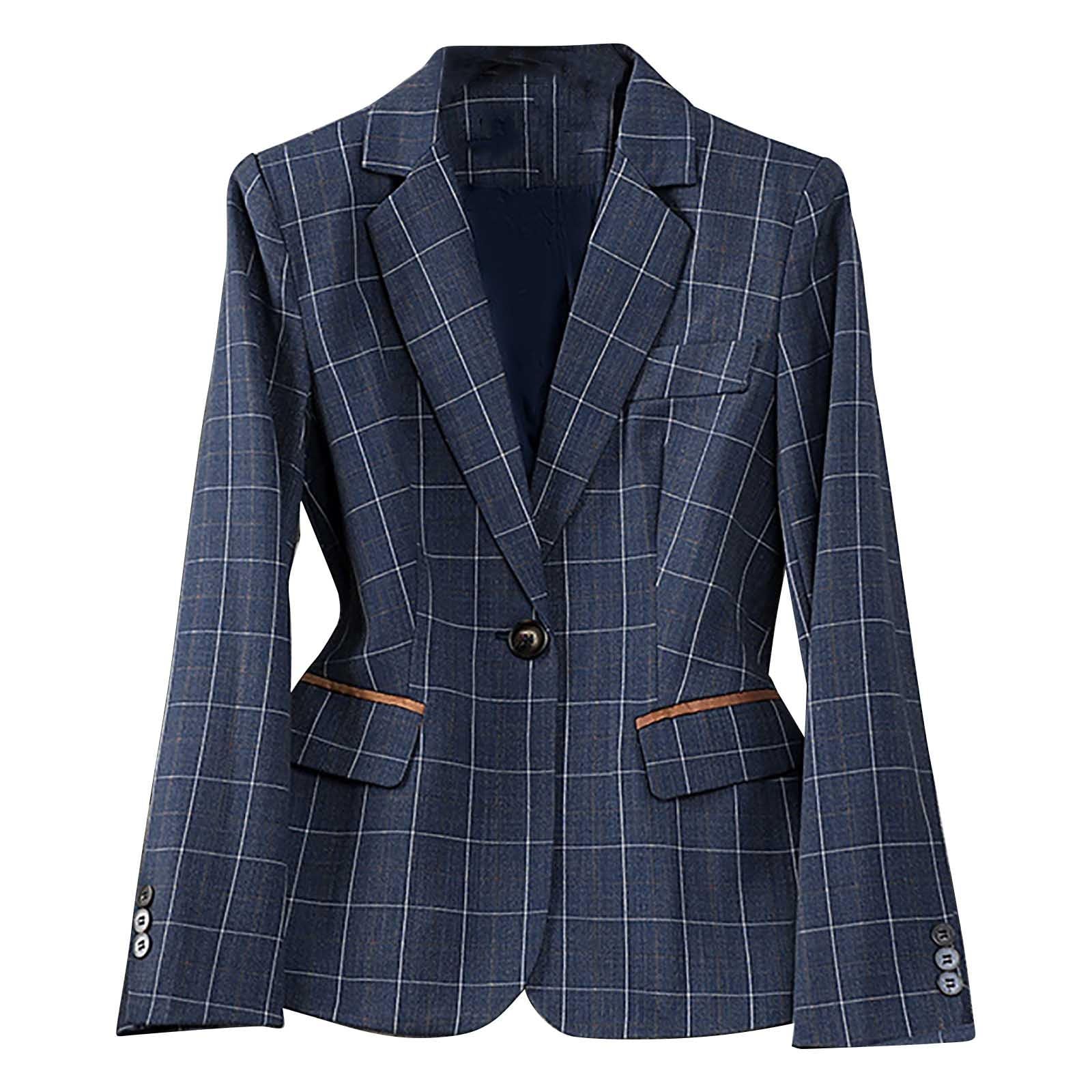 Plaid Blazer Jacket for Women Business Casual One-Button Blazers Fashion Dressy Notched Lapel Collar Suit Jackets