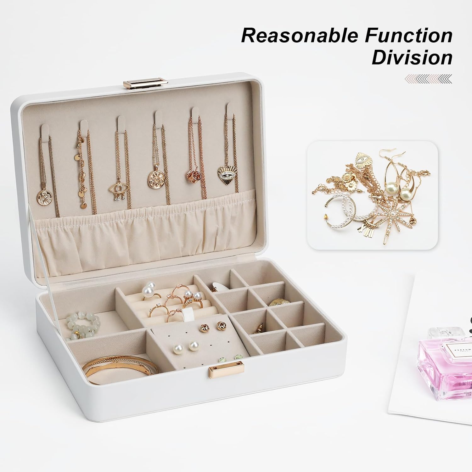 Jewelry Box Secure Travel Jewelry Case Anti-Tarnish Single Layer Organizer for Rings, Earrings, Pendants, Necklaces Compact for Home & Storage White