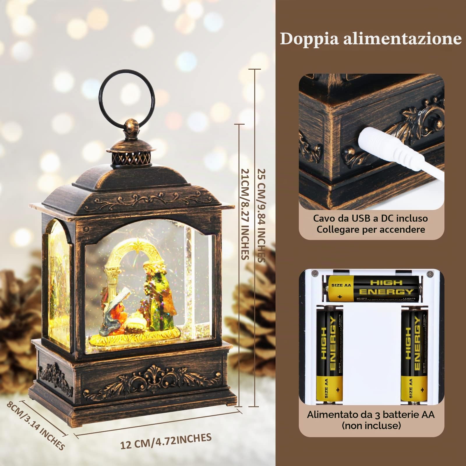 Globo di Neve Palla di Vetro Natalizie Pieno d'acqua Brillantini Vorticosi Lanterna Musicale Presepe Stile Retrò Filatoio ad Acqua con Timer di 6 Alimentazione USB e a Batteria 20 cm Altezza