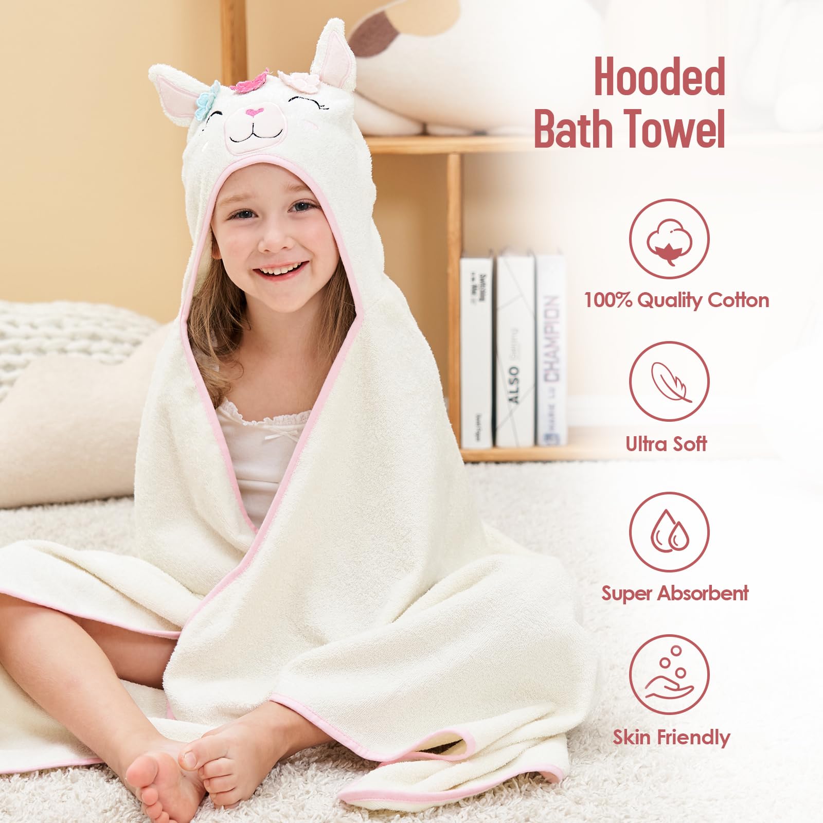 Style Quarters Baby-Badetuch, 100 % Baumwolle, Frottee, weiches Kapuzenhandtuch, Cartoon-Alpaka, Baby-Strandtücher, super saugfähig, große Stickerei, Kinder-Kapuzen-Badetuch, Kleinkind-Handtuch mit