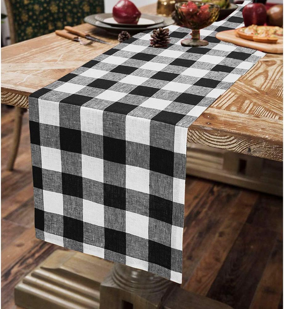 Buy 1 get 1 Fowecelt Buffalo Check Table Runner 14 × 84 Inch Cotton Burlap Black White Plaid Reversible Checkered Table Runners for Family Dinners, Christmas Holiday Birthday Party Table Decoration