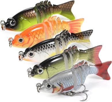 5pcs Fishing Lures, 3D Multi Jointed Swimbaits Slow Sinking Swimming Bait, 2.4inch 6 Segment Lifelike Artificial Topwater Hard Fishing Bait with Hooks, for Freshwater Saltwater Bass Trout