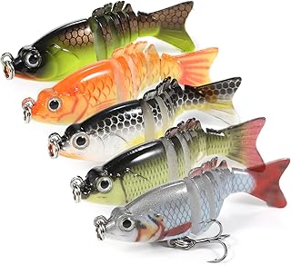Doorslay 5pcs Fishing Lures, 3D Multi Jointed Swimbaits Slow Sinking Swimming Bait, 2.4inch 6 Segment Lifelike Artificial Topwater Hard Fishing Bait with Hooks, for Freshwater Saltwater Bass Trout