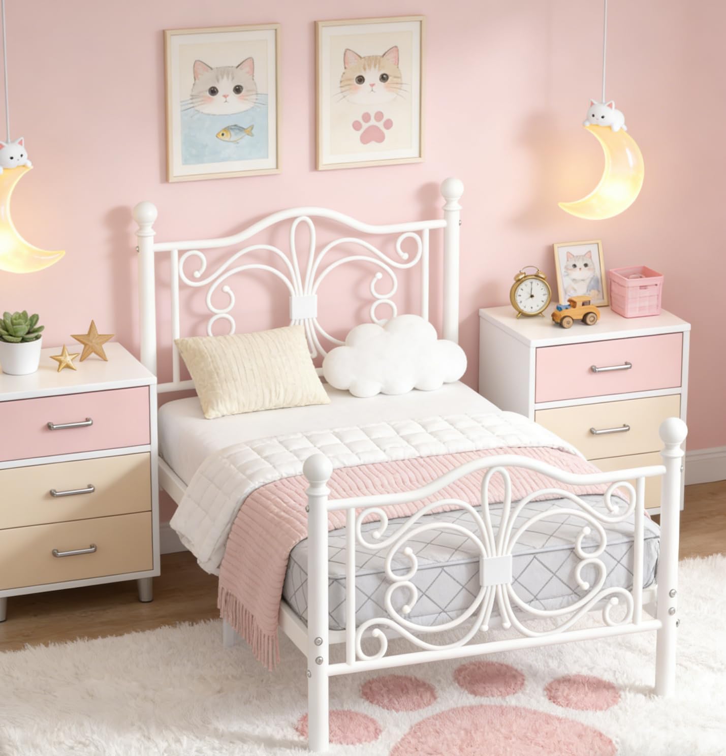 Twin Size Bed Frame with Butterfly Design Headboard and Footboard, Elegant Metal Platform Bed with Storage Space, Heavy Duty Metal Slats, Noise-Free, No Box Spring Needed, Easy Assembly, White - Image 6