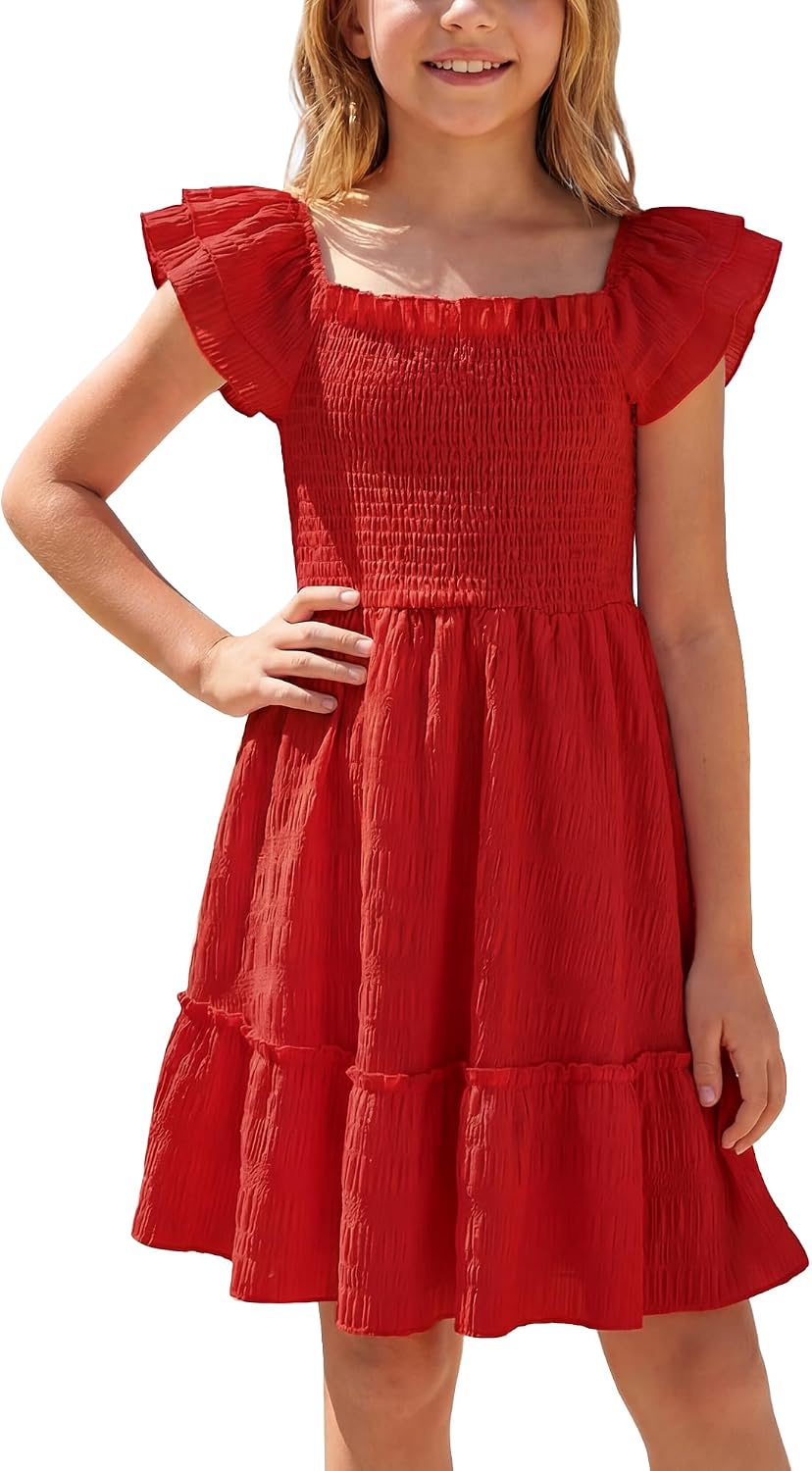 Happy Cherry Girls Dress Summer Sleeveless Square Neck Smocked Ruffle Short Sundress