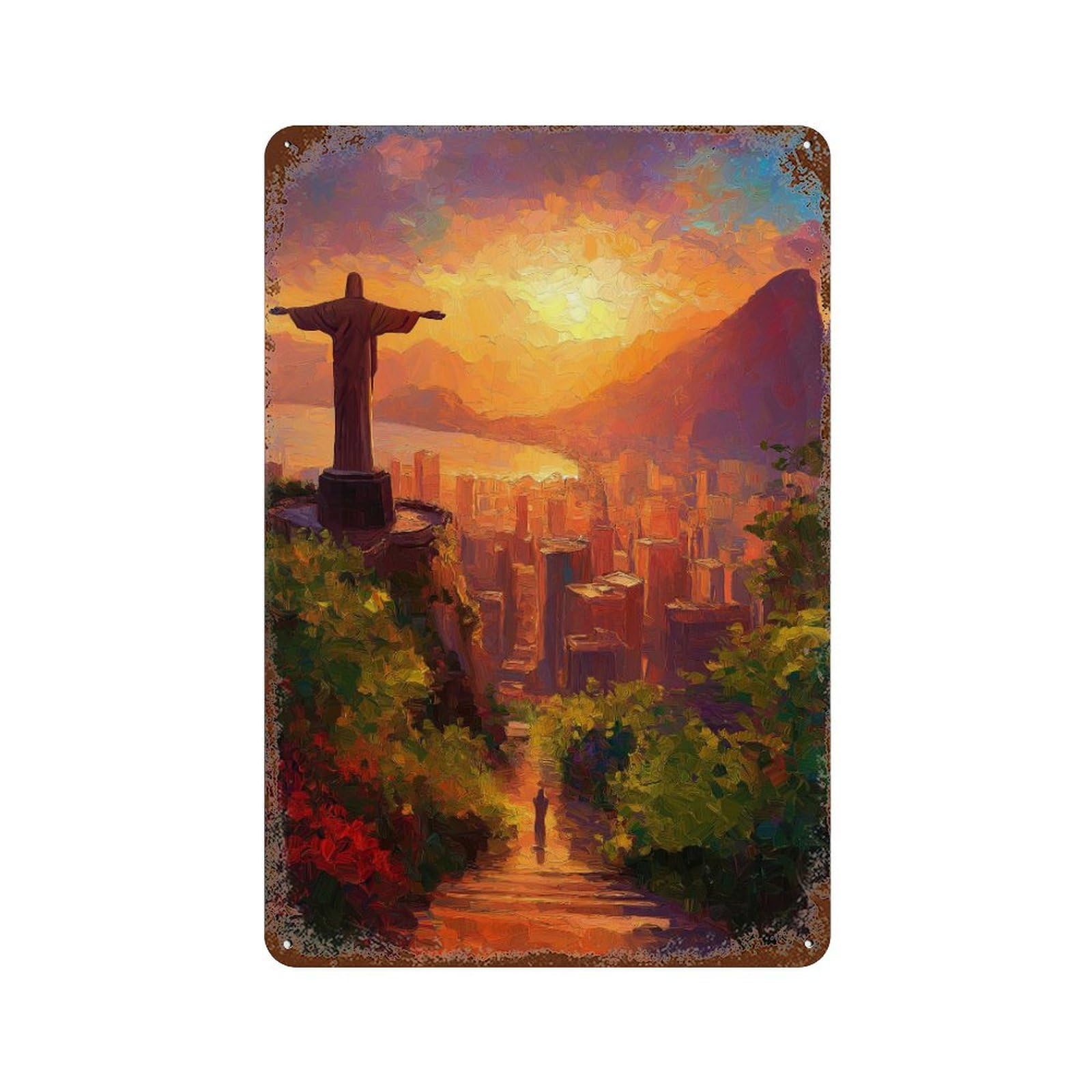 Retro Metal Sign with Jesus Statue Sunset View Design 11.8"x7.9", for Shed, Workshop And Garage Wall Decor, Industrial Home Decor