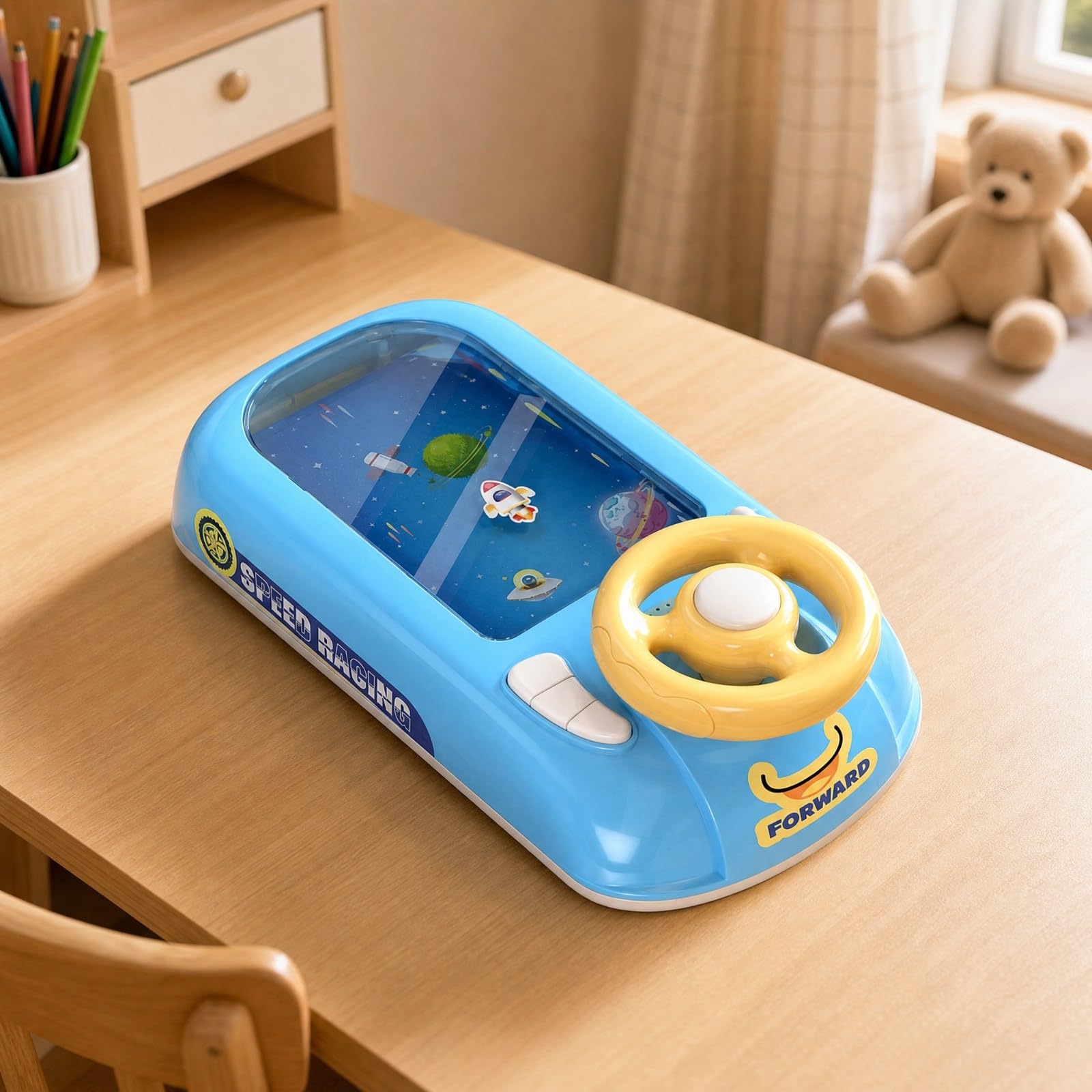 Gioco Guida Simulatore Spaziale da Tavolo per Bambini con Giallo E Pulsante Centrale con Ventose Antiscivolo Adatto Regalo Compleanno
