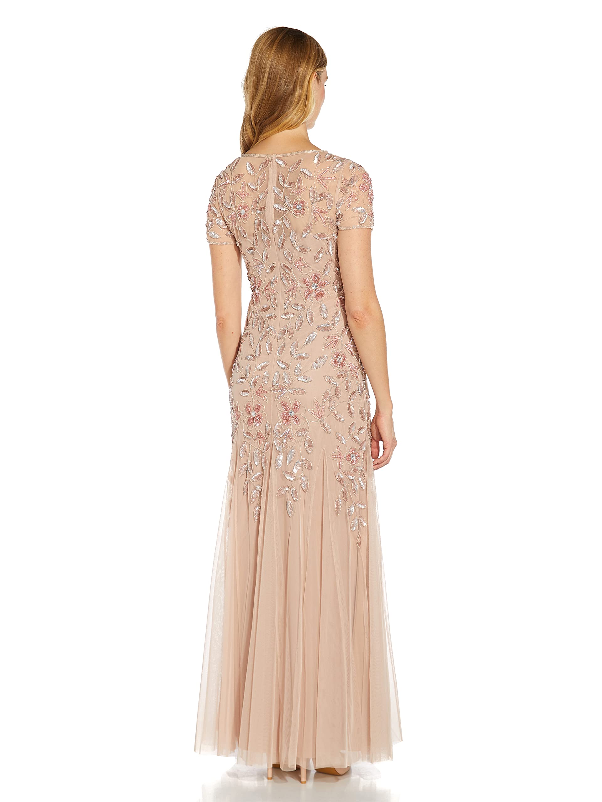 Adrianna Papell Floral Beaded Godet - Vestido de Manga Corta para Mujer